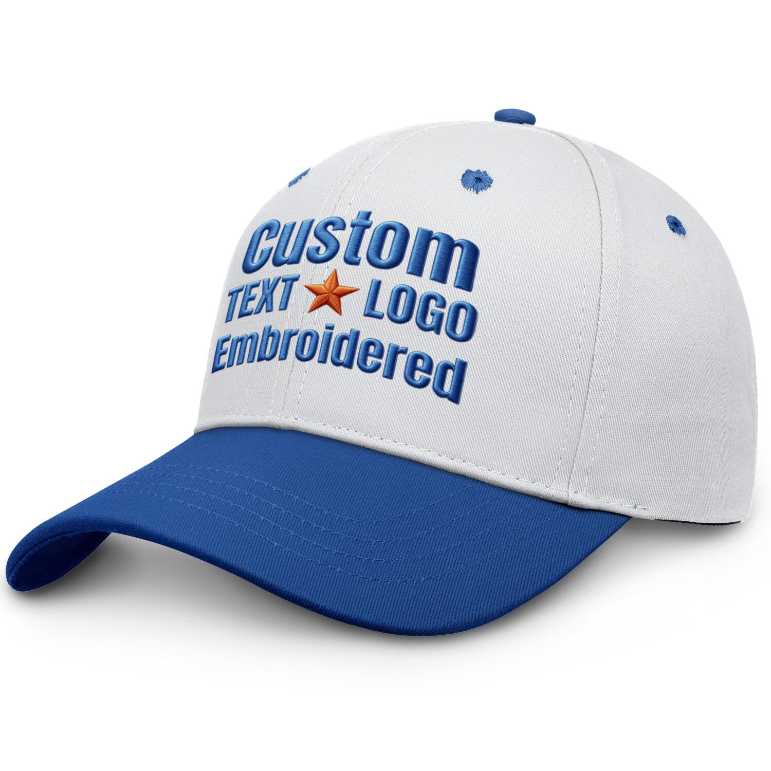 Custom Embroidered or Printed White & Royal Blue Color Block Baseball Cap | Personalized Sport Hat