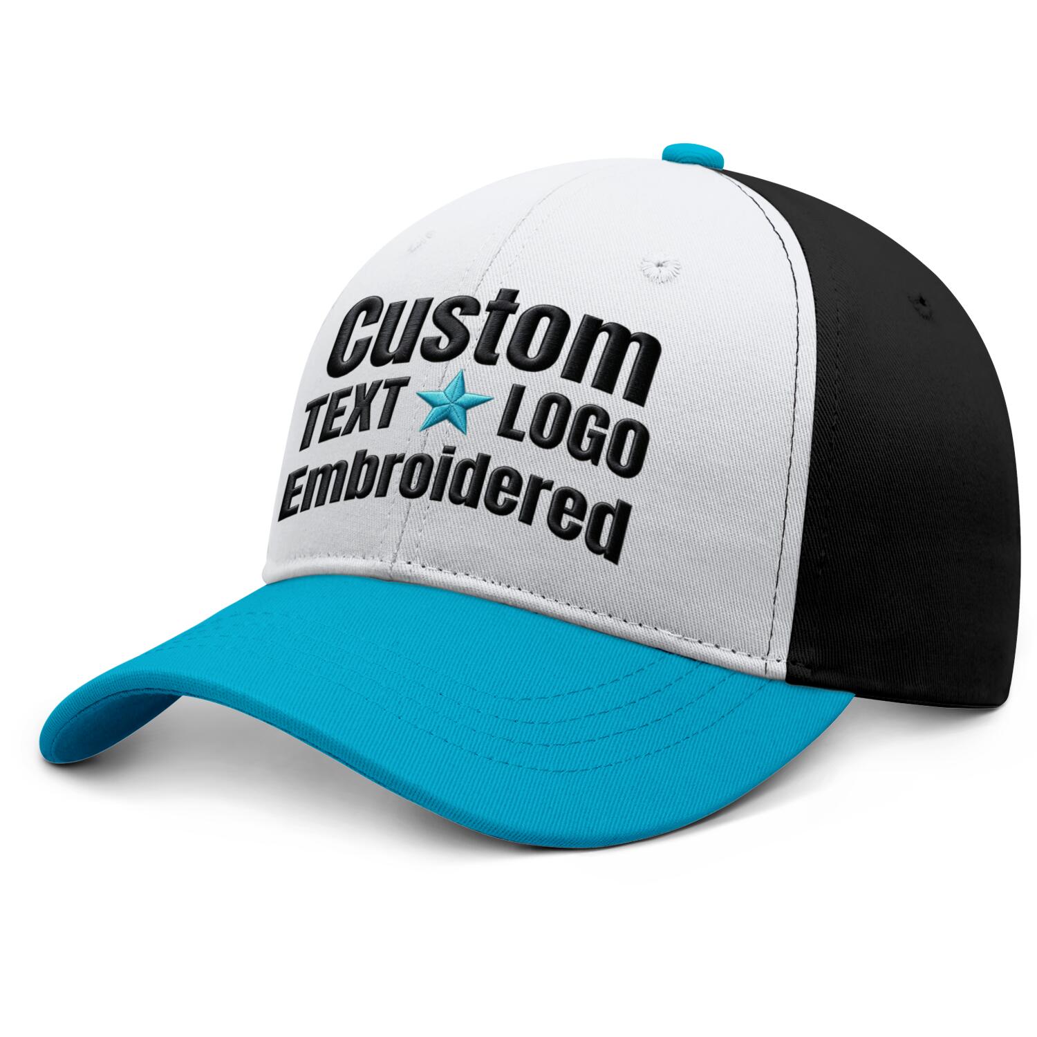 Custom Embroidered or Printed White & Turquoise Color Block Baseball Cap | Personalized Sport Hat