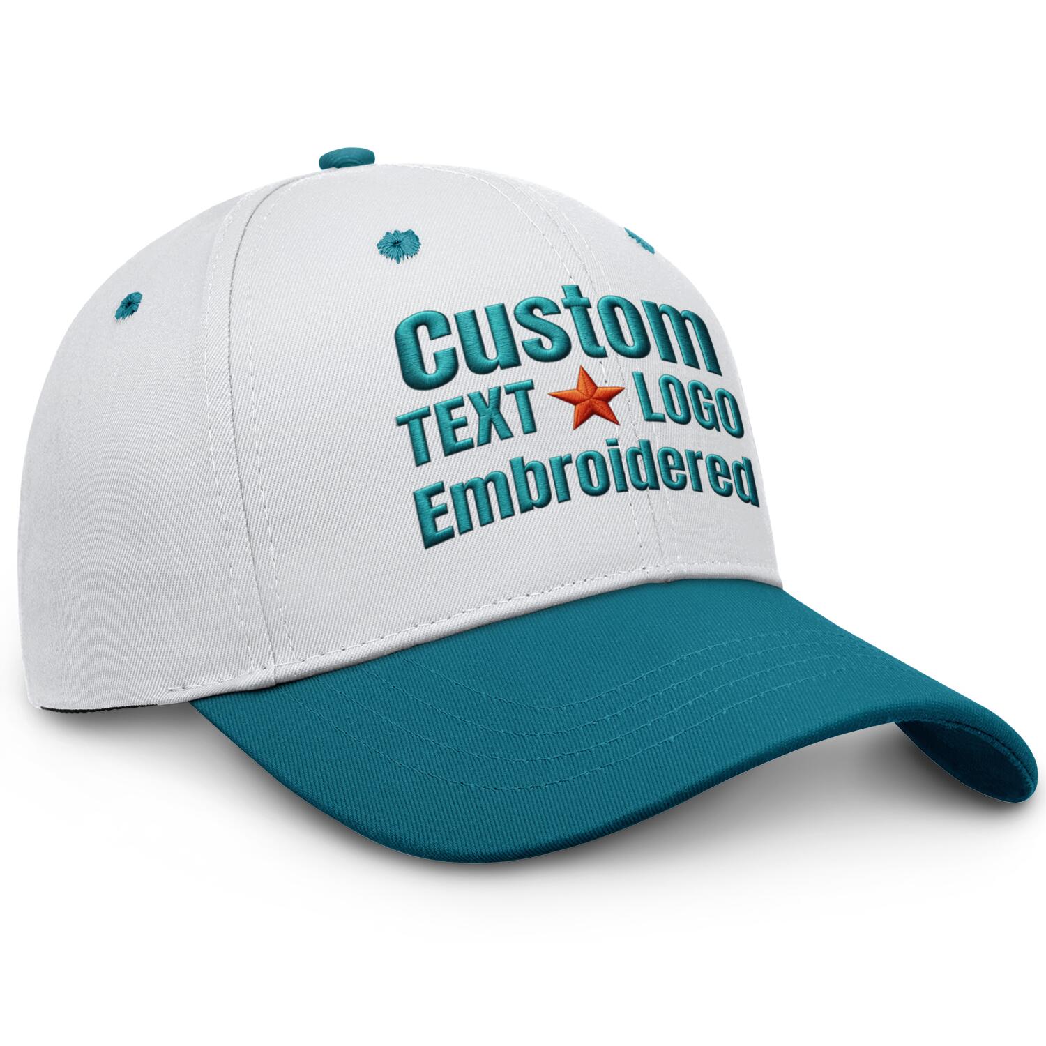 Custom Embroidered or Printed White & Turquoise Color Block Baseball Cap | Personalized Sport Hat