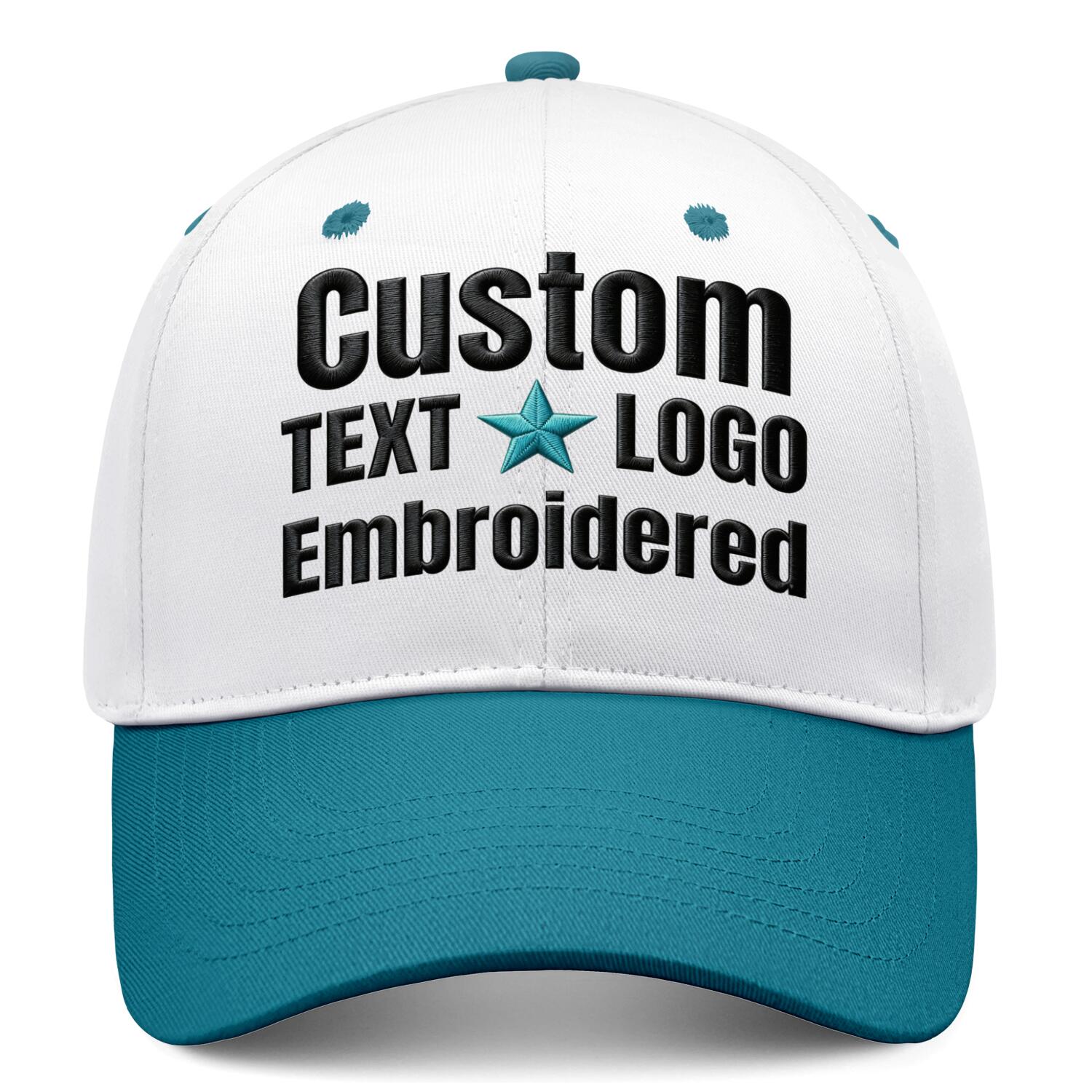 Custom Embroidered or Printed White & Turquoise Deep Brim Baseball Cap | Personalized Sport Hat