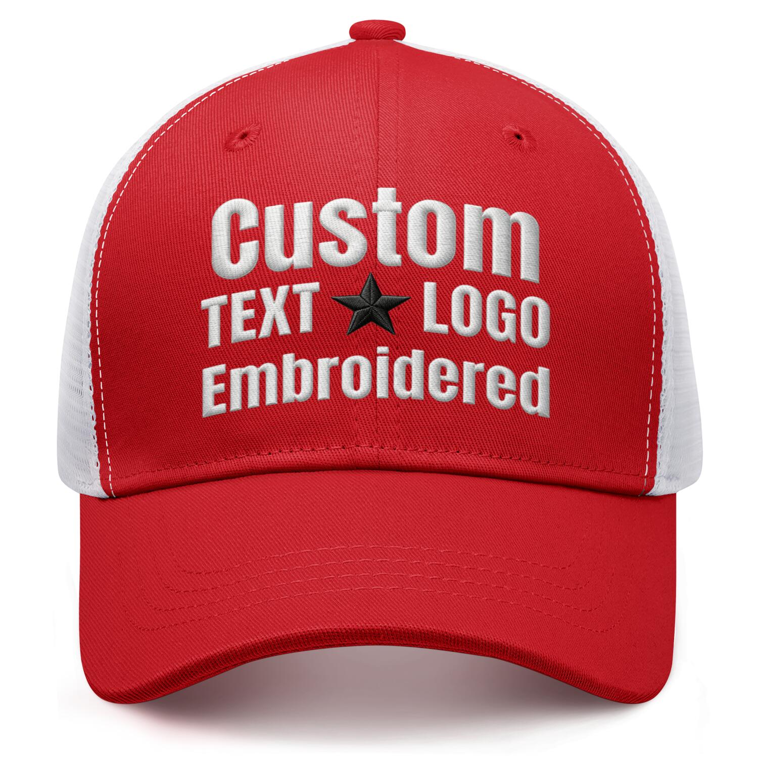 Custom embroidered red & white trucker cap by Vosoli | Personalized with text & logo | Breathable mesh cap
