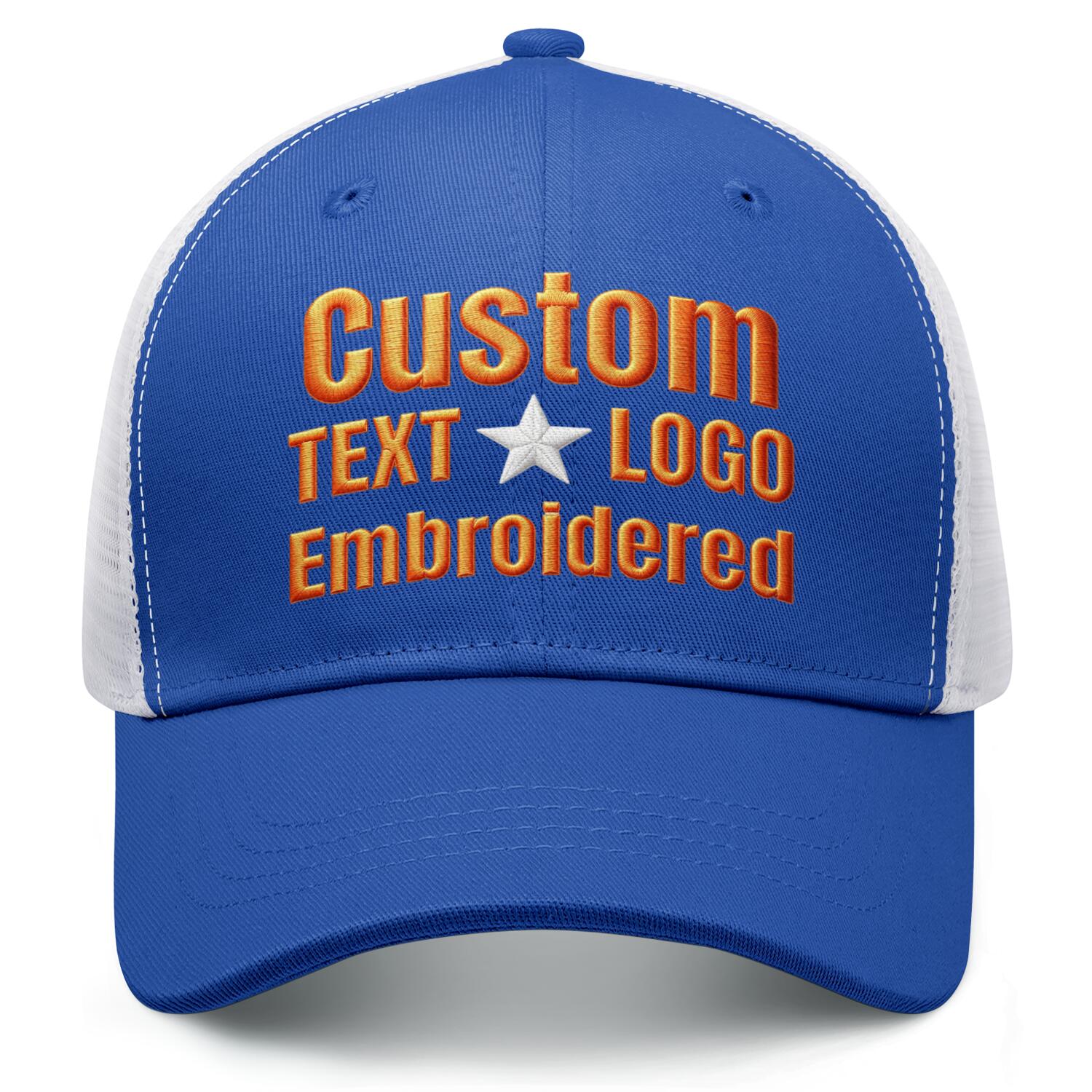 Custom embroidered royal blue & white trucker cap by Vosoli | Personalized with text & logo | Breathable mesh cap