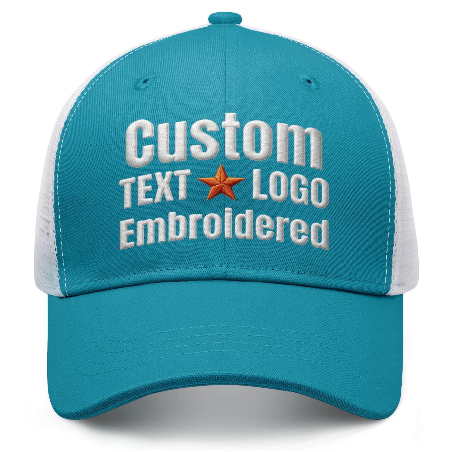 Custom embroidered turquoise & white trucker cap by Vosoli | Personalized with text & logo | Breathable mesh cap