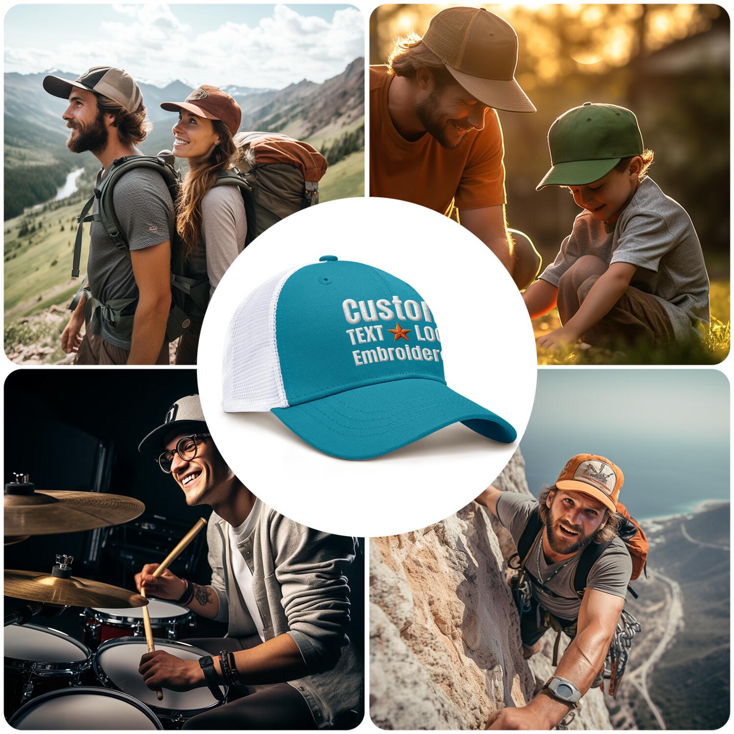 Custom Embroidered or Printed Turquoise & White Trucker Cap | Breathable mesh cap