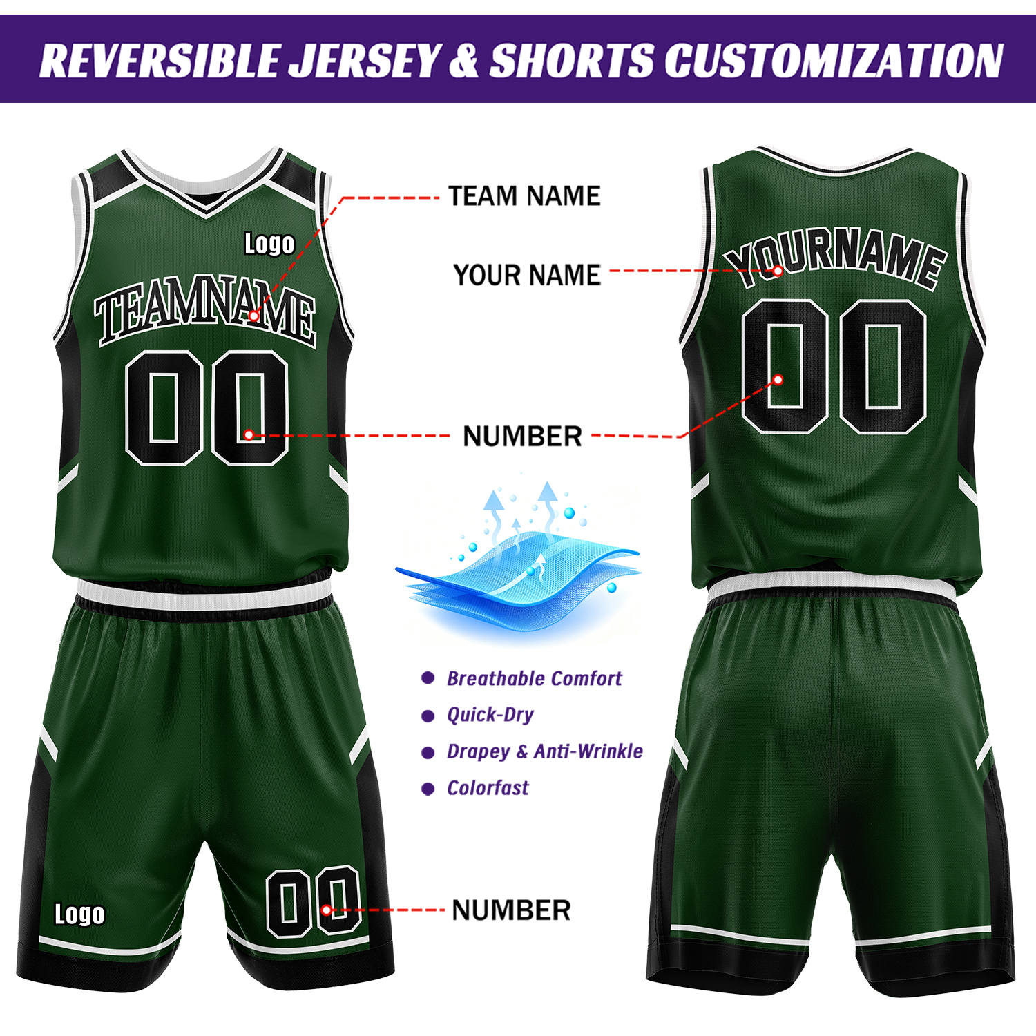 Custom Reversible Basketball Uniform Set | Forest Green & Black V-Neck Sleeveless Jersey & Athletic Shorts