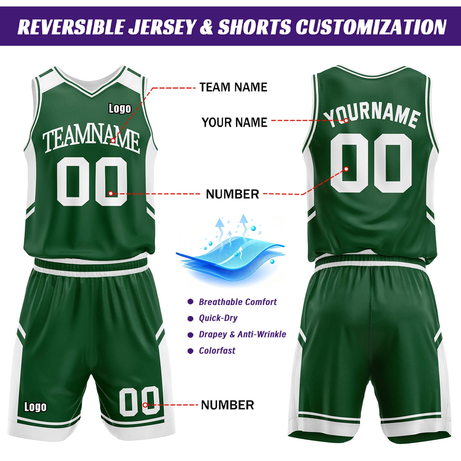 Custom Reversible Basketball Uniform Set | Forest Green & White V-Neck Sleeveless Jersey & Athletic Shorts