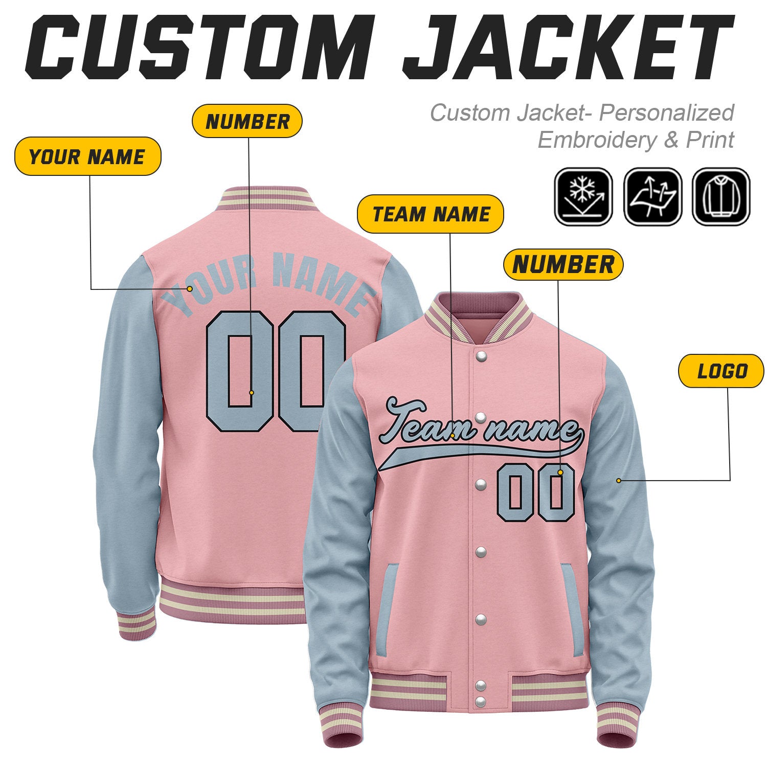 Custom Pink & Dusty Blue Baseball Bomber Jacket | Retro Collegiate Varsity & Letterman