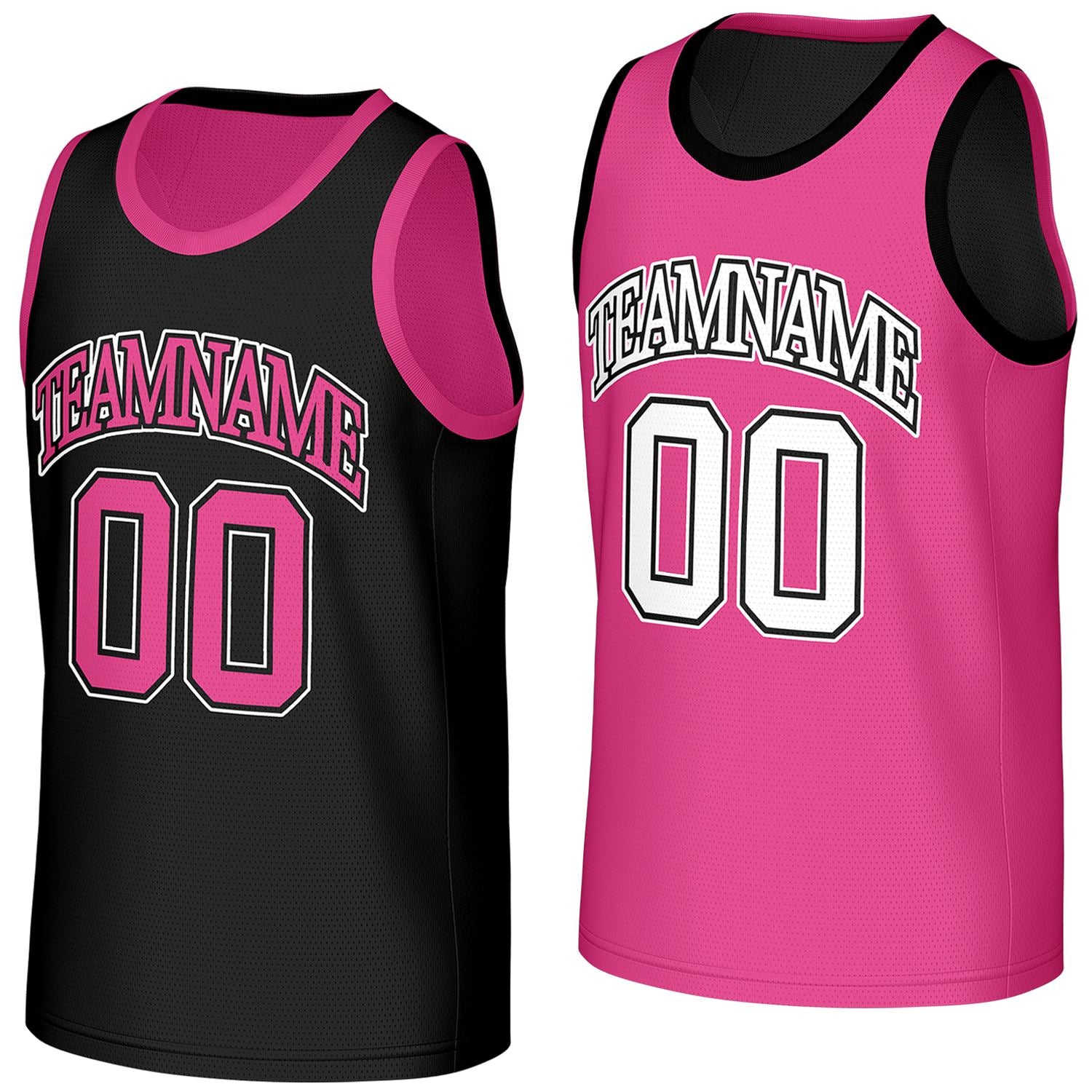 custom girls basketball jerseys black pink reversible by Vosoli, personalized team name, number & logo, breathable mesh dual sided basketball jersey for girls team games