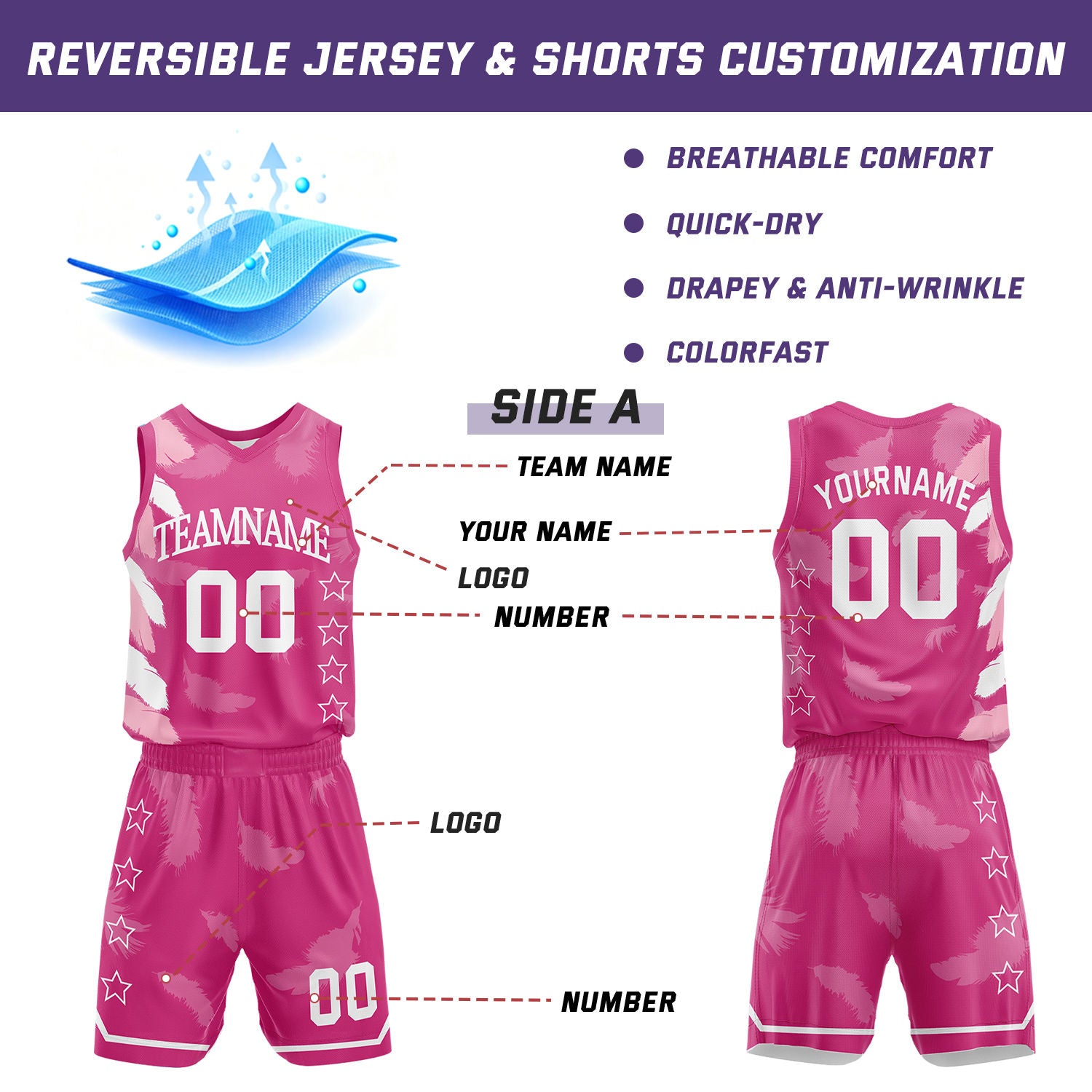 Custom Basketball Jerseys and Shorts Set | Hot Pink Feather V-Neck Sublimated Team Uniform