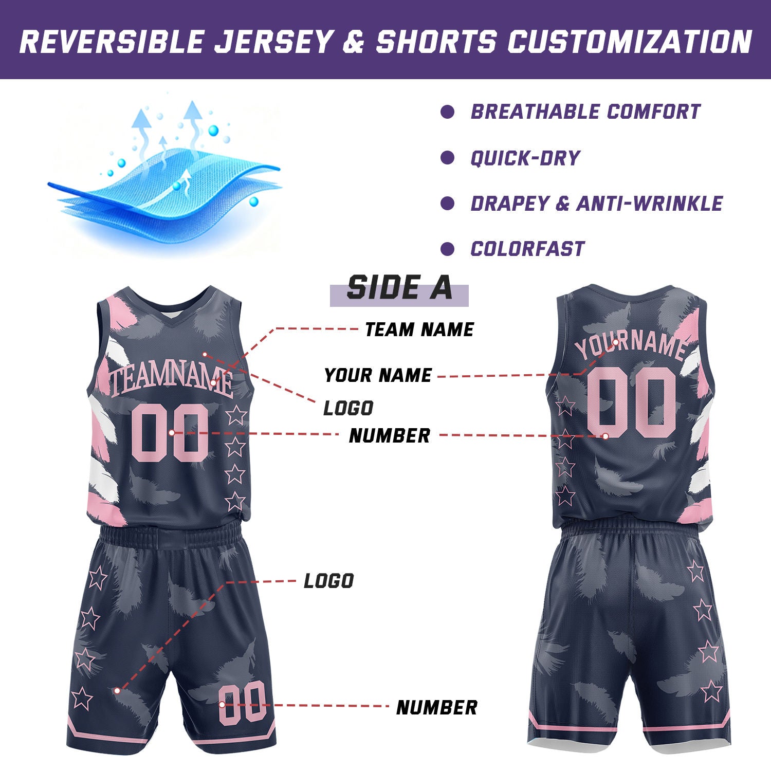 Custom Basketball Jerseys and Shorts Set | Navy Pink Feather V-Neck Sublimated Team Uniform