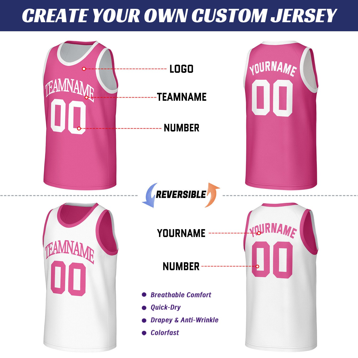 Custom Pink & White Reversible Basketball Jersey | Personalized Sleeveless Mesh Jersey for Men Women Youth