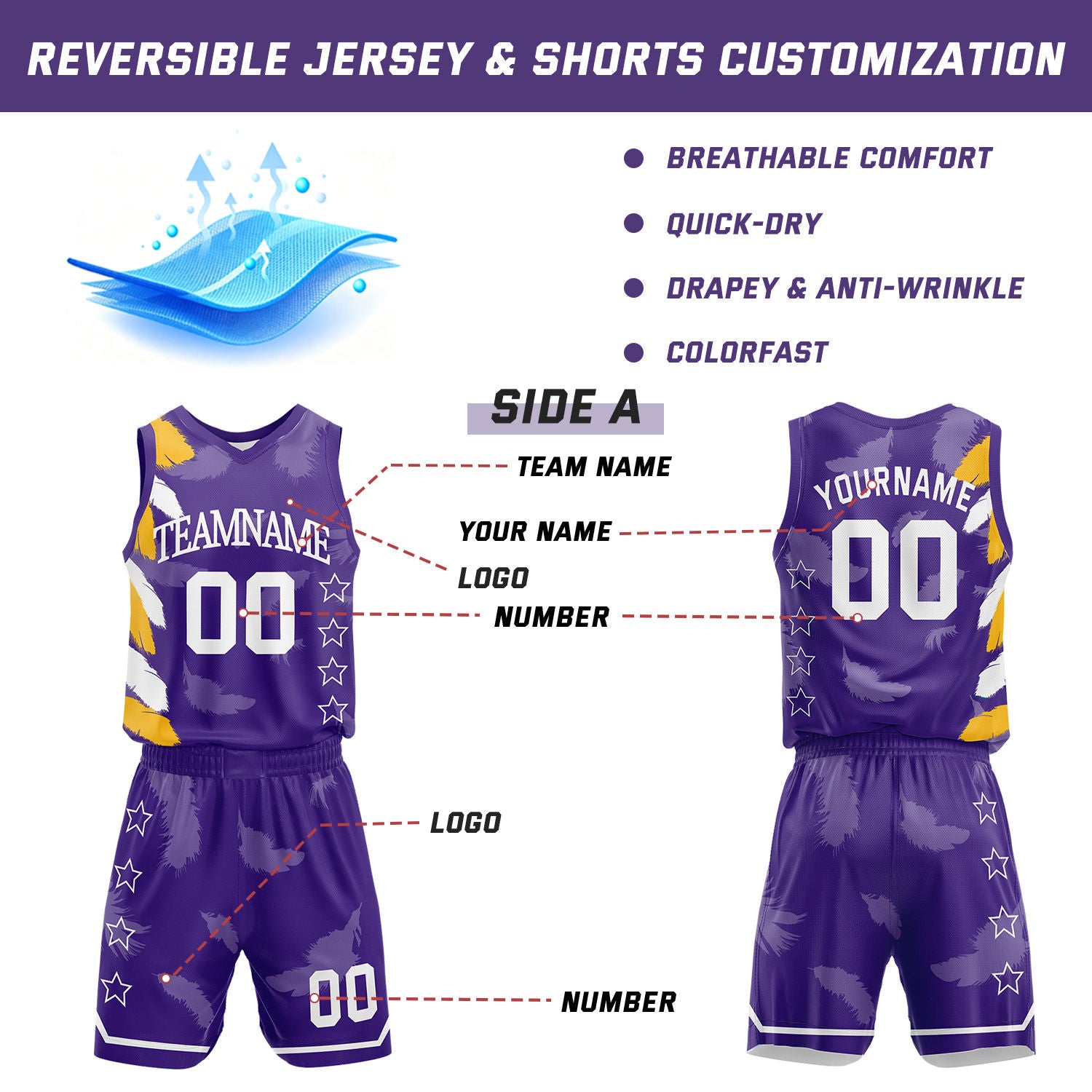 Custom Basketball Jerseys and Shorts Set | Purple Feather V-Neck Sublimated Team Uniform