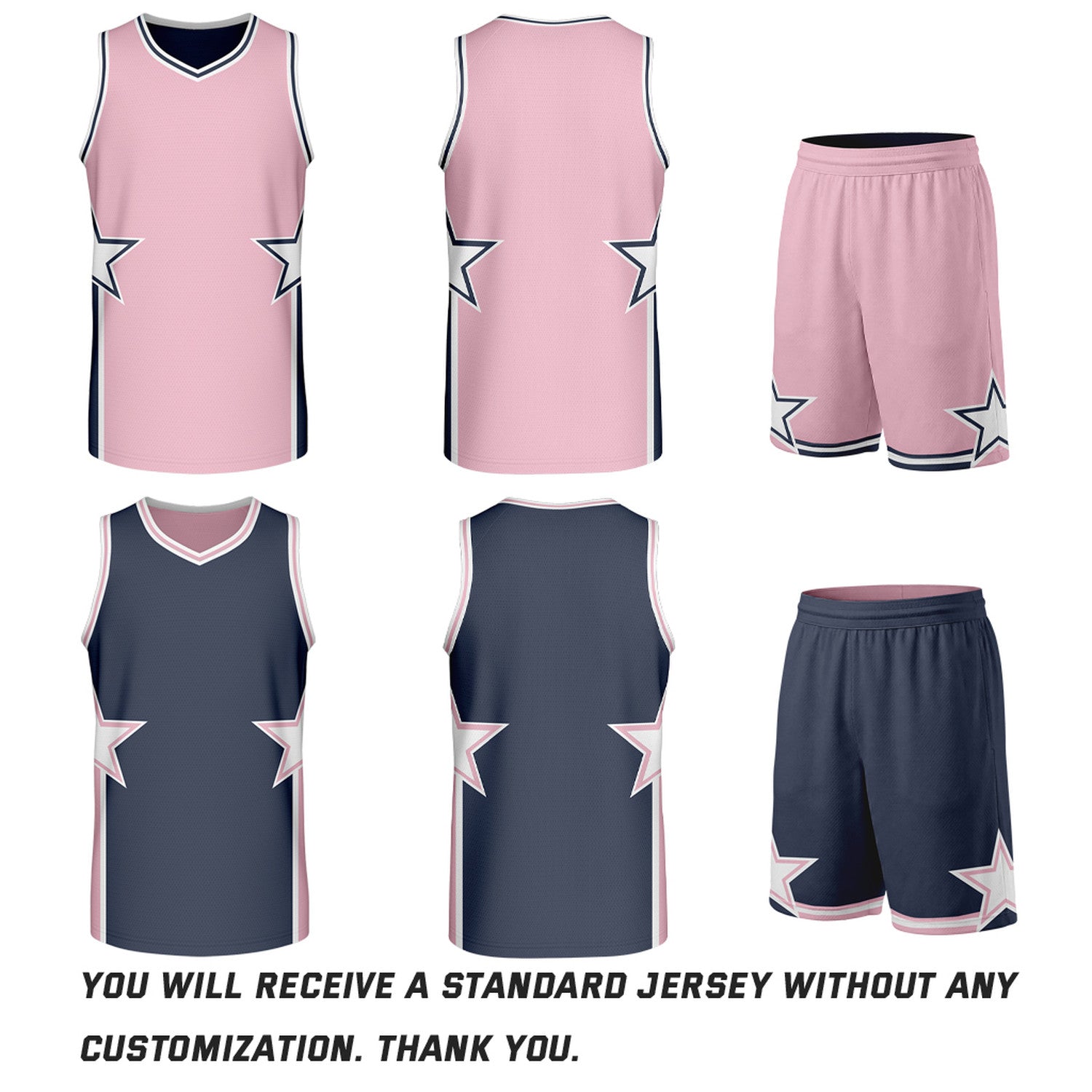 Custom Light Pink & Navy Star Reversible Basketball Uniform Set | Breathable Mesh Jersey & Shorts