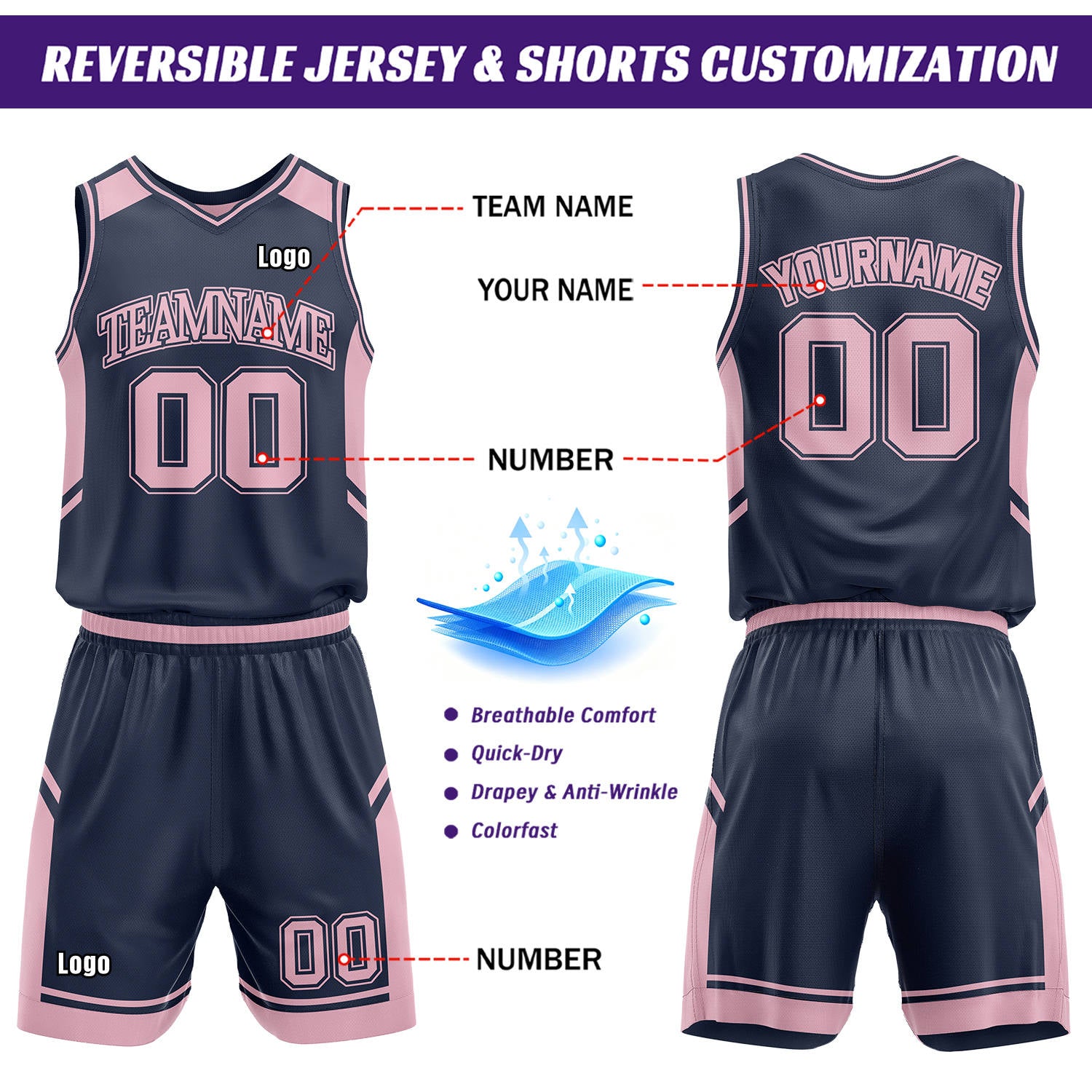 Custom Reversible Basketball Uniform Set | Navy & Pink V-Neck Sleeveless Jersey & Athletic Shorts