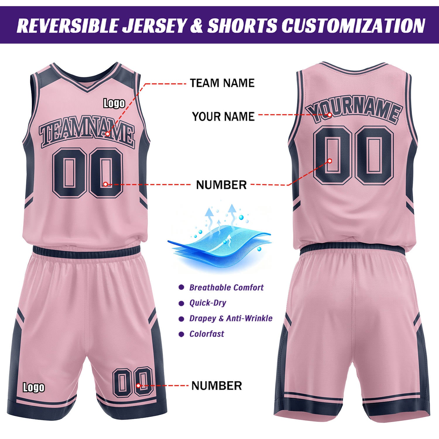 Custom Reversible Basketball Uniform Set | Navy & Pink V-Neck Sleeveless Jersey & Athletic Shorts