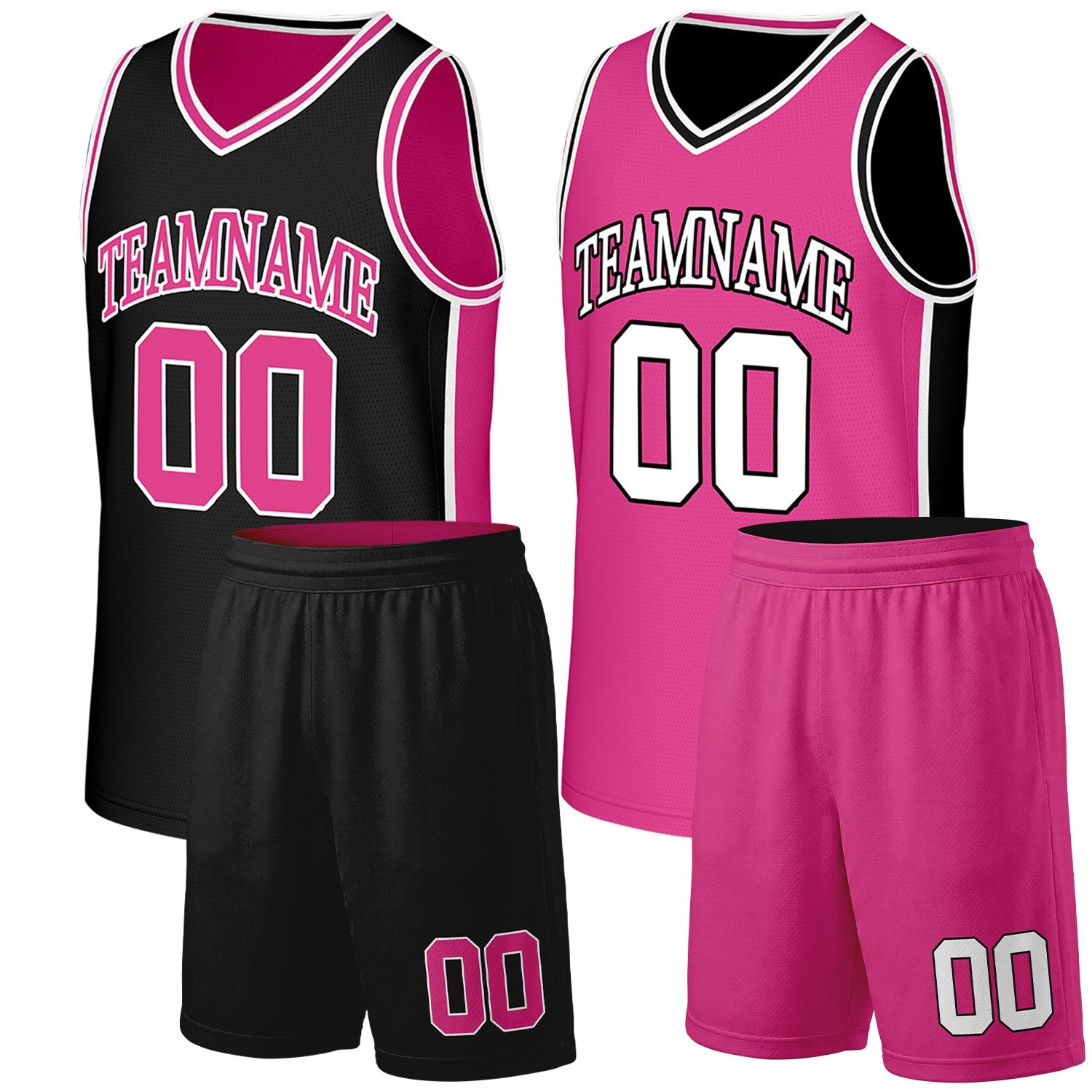 Custom girls basketball uniforms black hot pink reversible by Vosoli. Personalized team name, number & logo. Breathable mesh. Fast delivery.