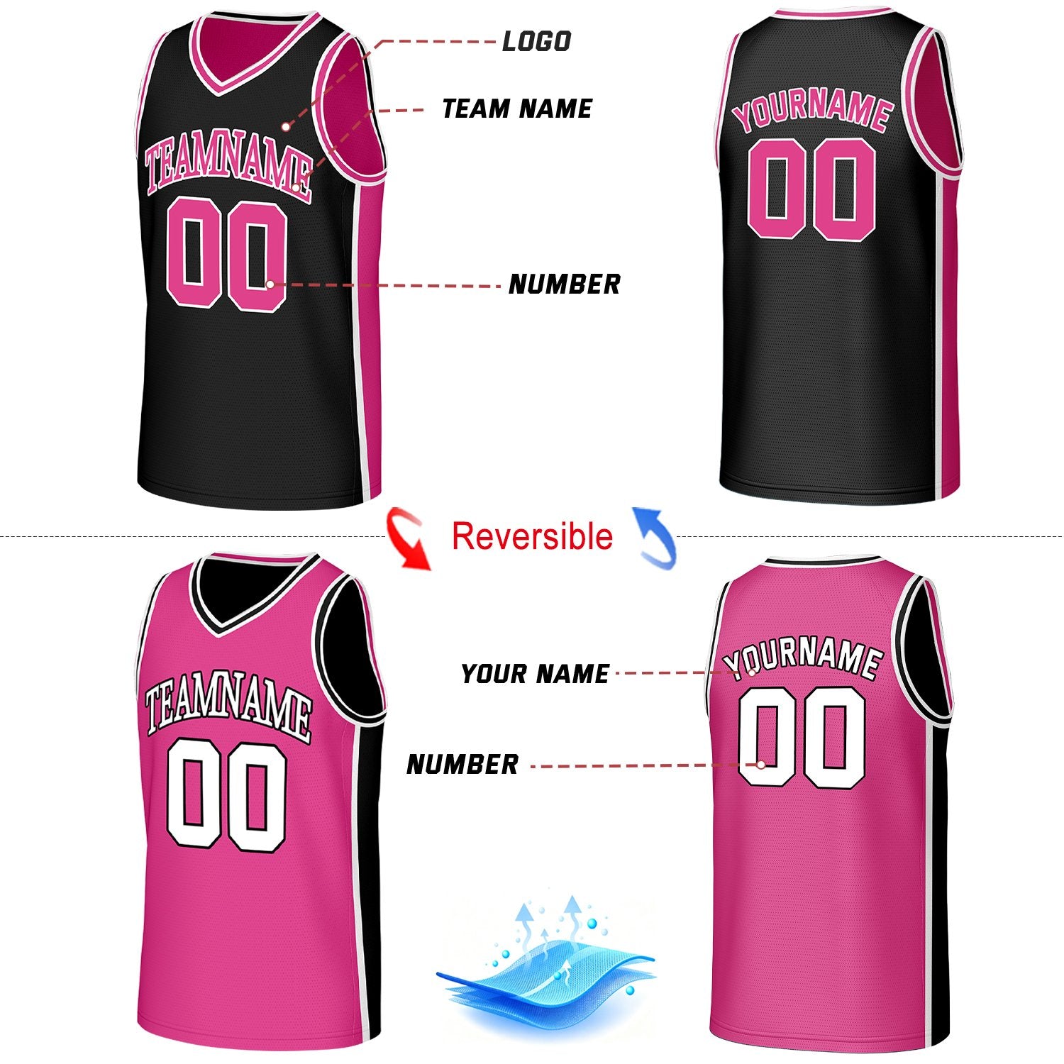 Custom Black & Hot Pink Double Sided Basketball Uniform Set | Personalized Team Uniforms for Adult & Youth