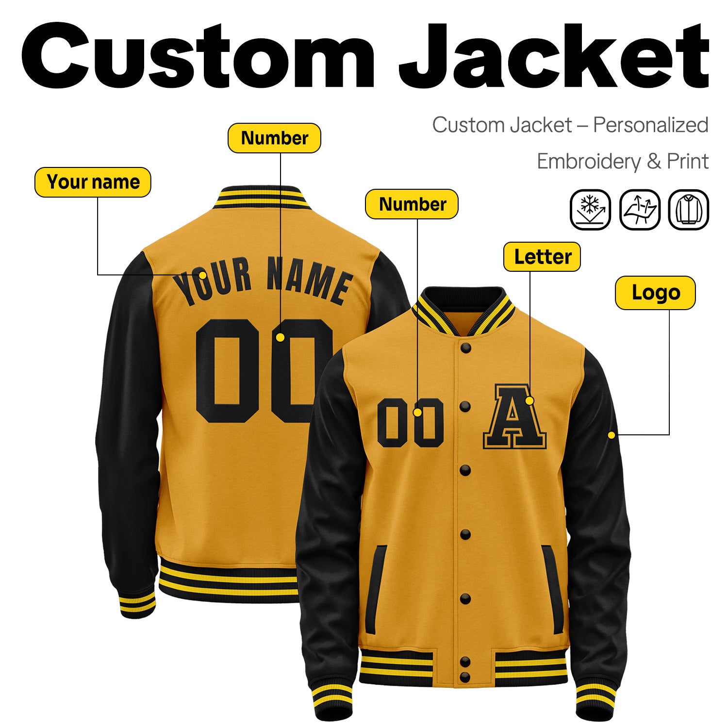 Custom Varsity Jacket with Stitched Name & Number | Gold & Black Personalized Team Letterman Bomber