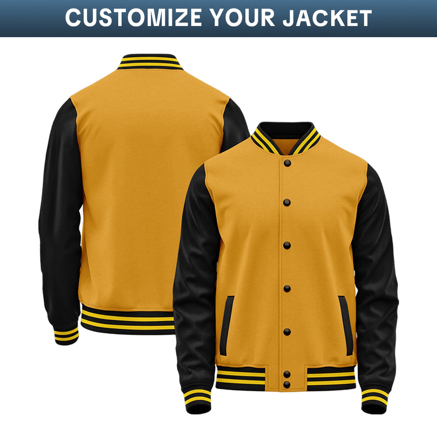 Custom Varsity Jacket with Stitched Name & Number | Gold & Black Personalized Team Letterman Bomber