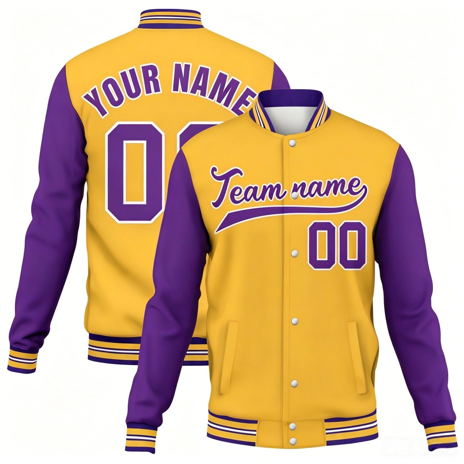 Custom gold-purple contrast sleeve stitched varsity baseball jacket by Vosoli | Personalized team name & number jacket for youth & adults