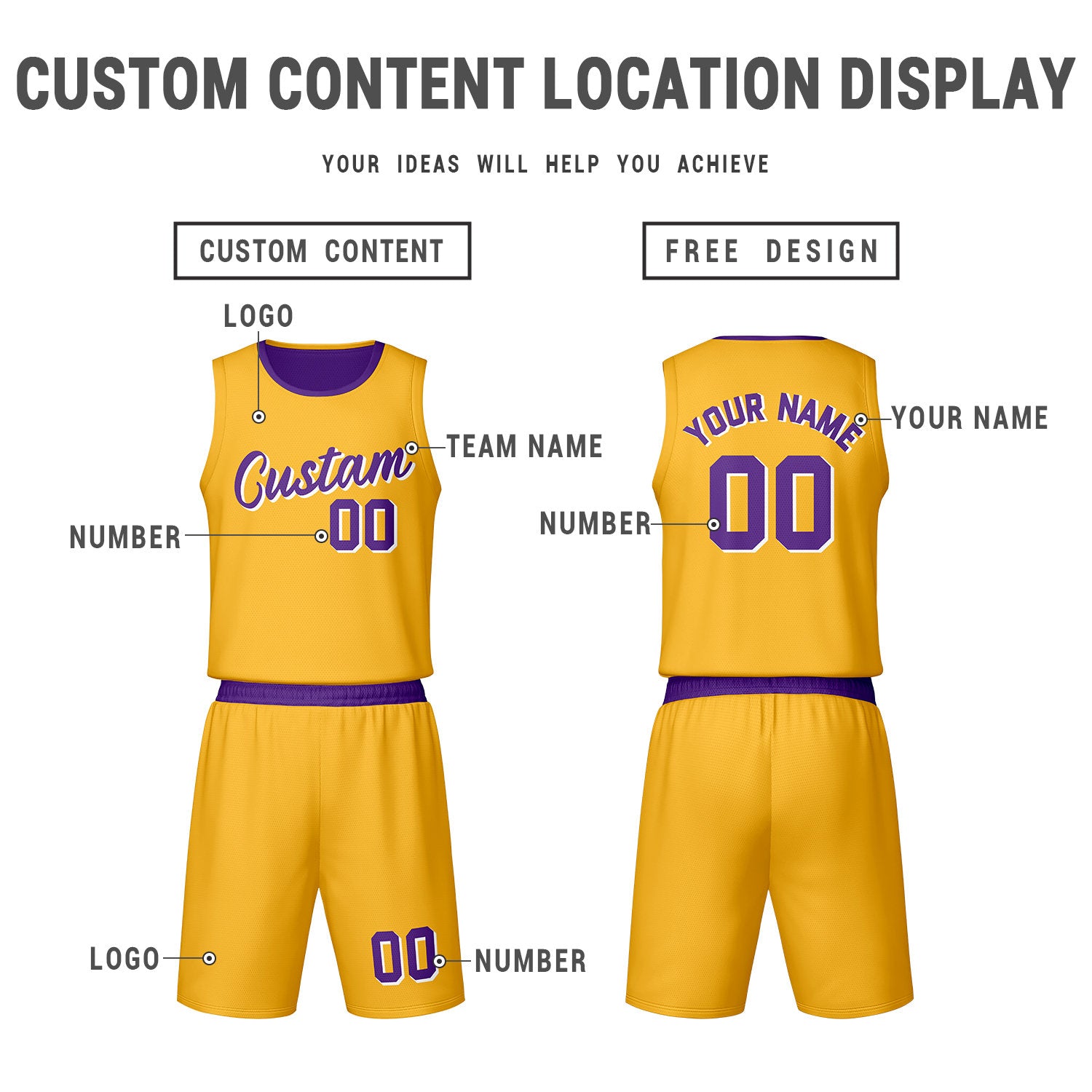 Custom Gold Purple Reversible Basketball Jersey Set | Personalized Name Number Mesh Sports Uniform