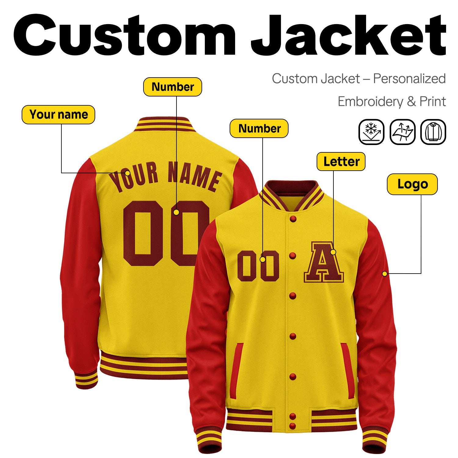 Custom Varsity Jacket with Stitched Name & Number | Gold & Red Personalized Team Letterman Bomber