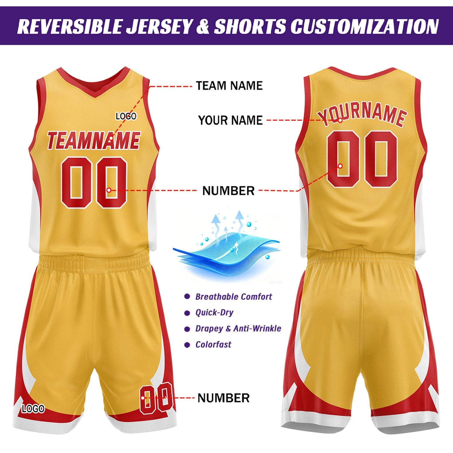 Custom Gold Red Reversible Basketball Jersey Set | Personalized Name Number Mesh Sports Uniform