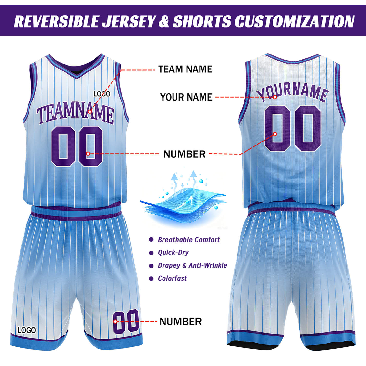 Custom Gradient Black & Light Blue Pinstripe Reversible Basketball Jersey Shorts Set | Personalized Team Uniform