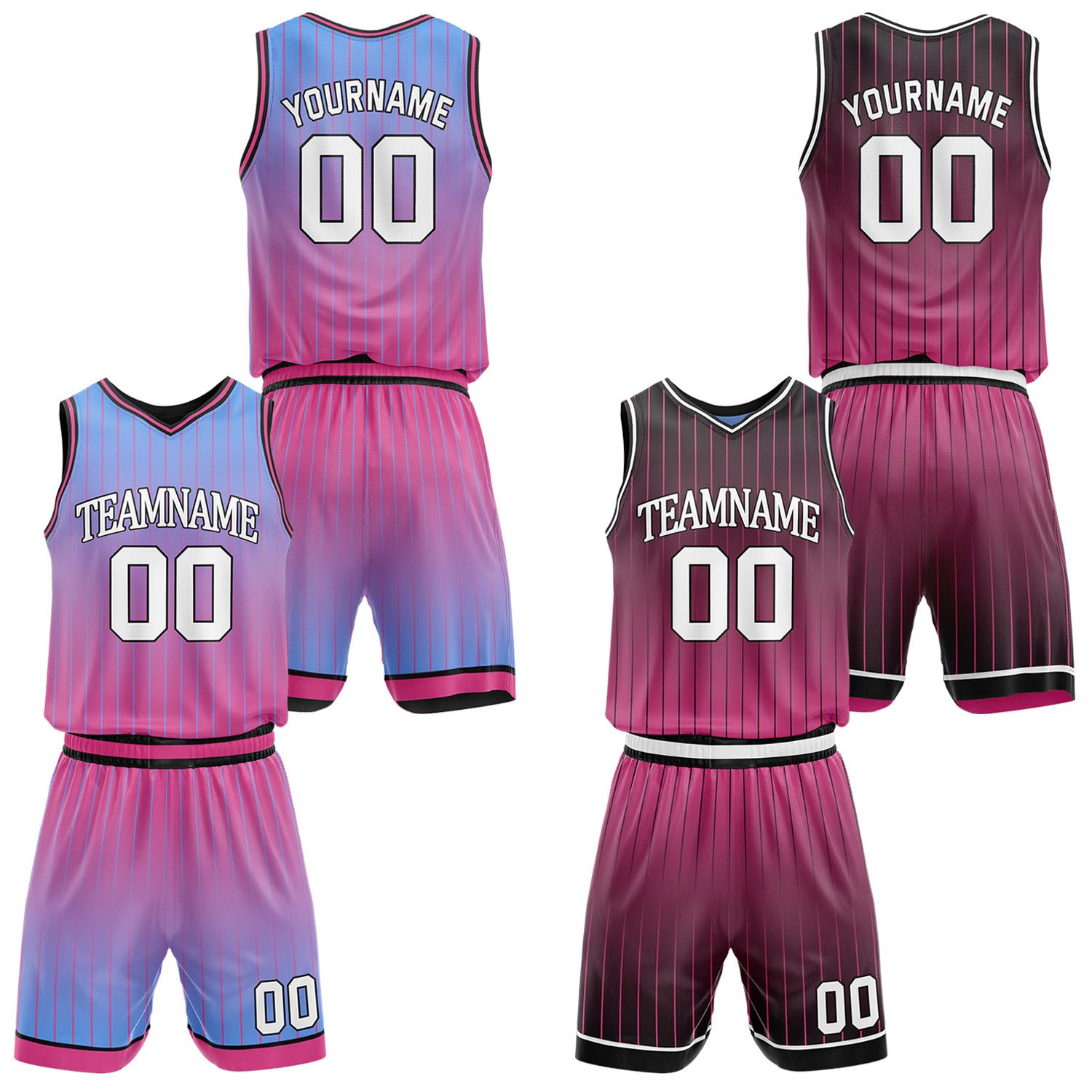 Custom gradient cyan & fuchsia pinstripe reversible basketball jersey shorts set by Vosoli | Personalized team name number vintage uniform sportswear
