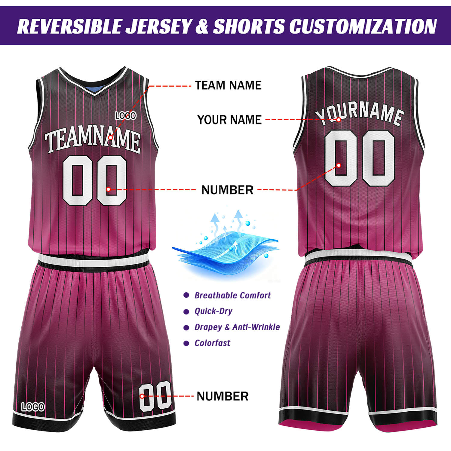 Custom Gradient Cyan & Fuchsia Pinstripe Reversible Basketball Jersey Shorts Set | Personalized Team Uniform