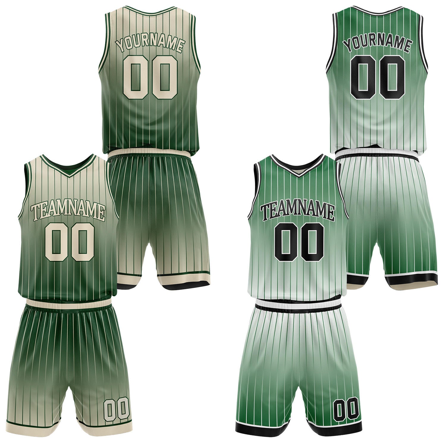 Custom gradient dark green pinstripe reversible basketball jersey shorts set by Vosoli | Personalized team name number vintage uniform sportswear