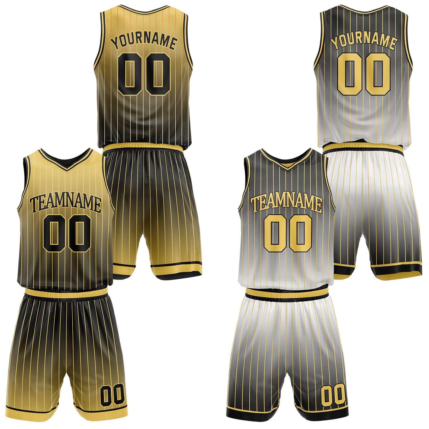 Custom gradient gold & black pinstripe reversible basketball jersey shorts set by Vosoli | Personalized team name number vintage uniform sportswear