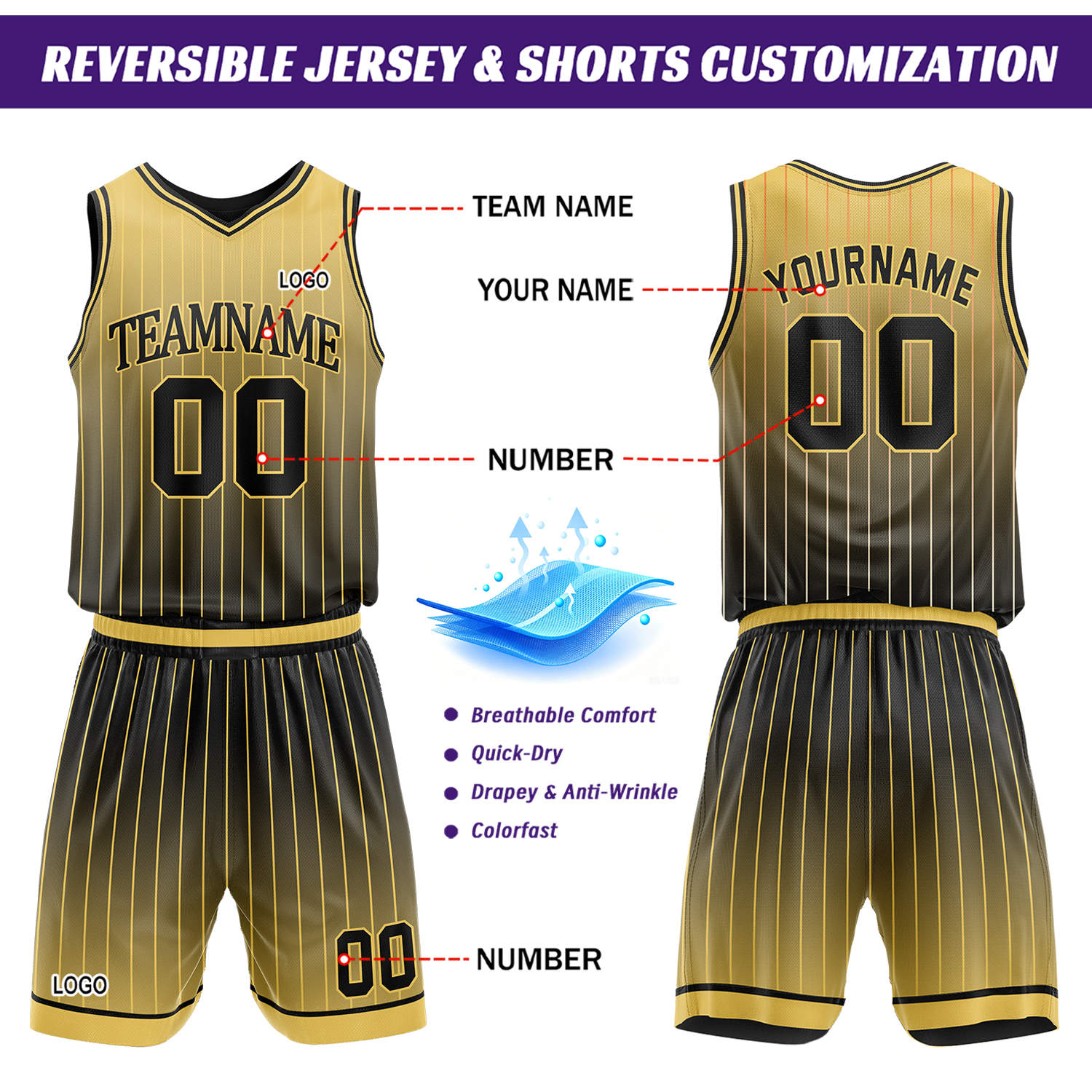Custom Gradient Gold & Black Pinstripe Reversible Basketball Jersey Shorts Set | Personalized Team Uniform