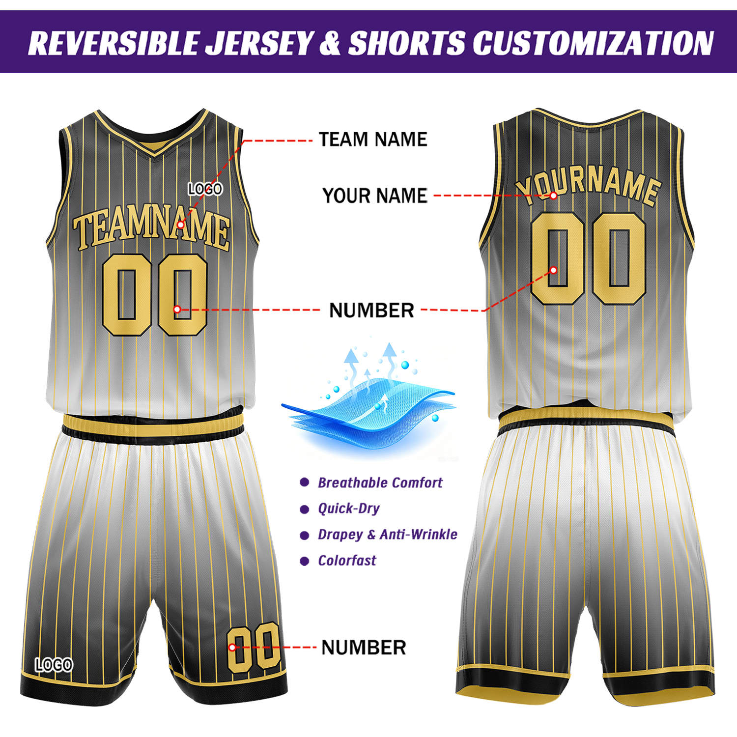Custom Gradient Gold & Black Pinstripe Reversible Basketball Jersey Shorts Set | Personalized Team Uniform