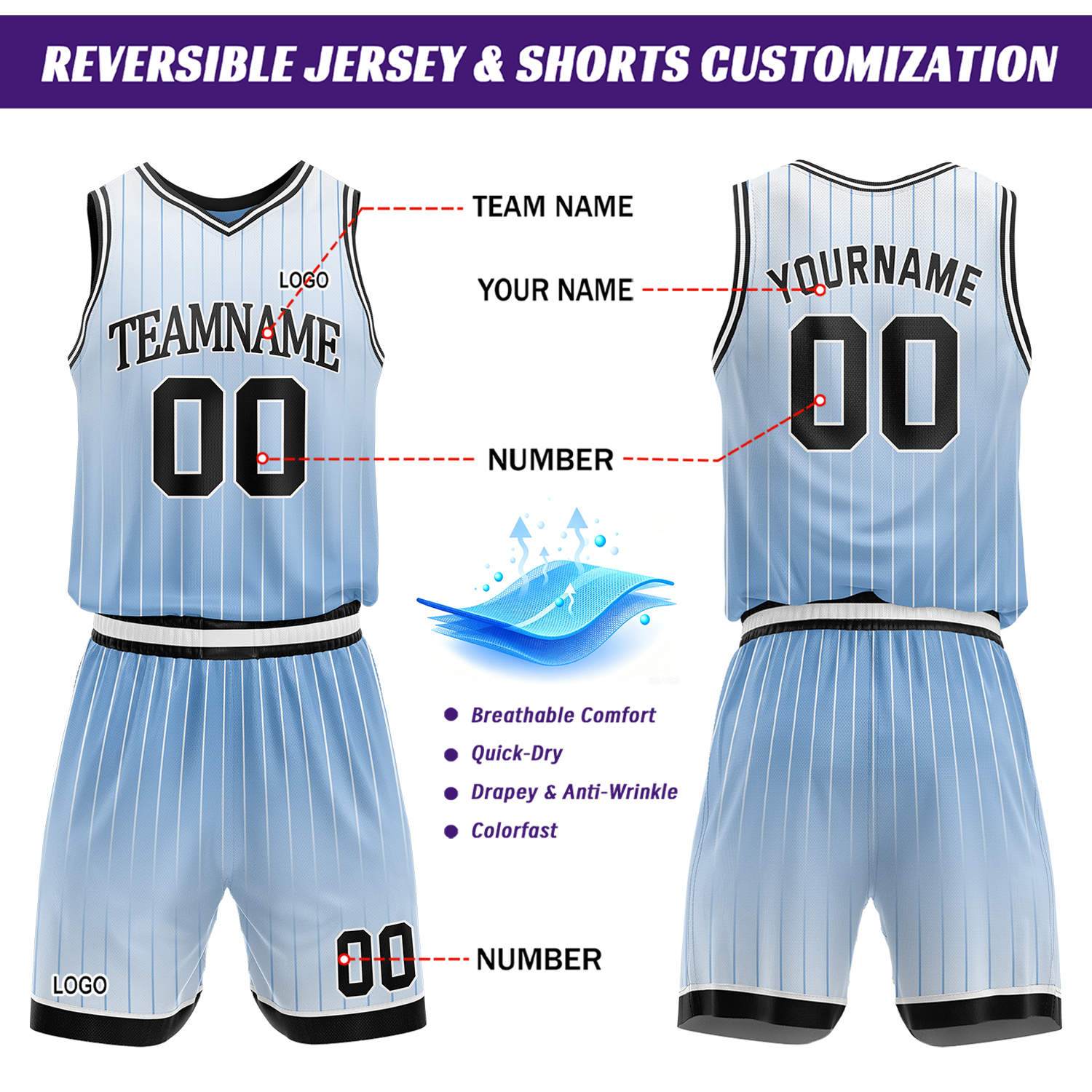 Custom Gradient Light Blue & Blue Pinstripe Reversible Basketball Jersey Shorts Set | Personalized Team Uniform