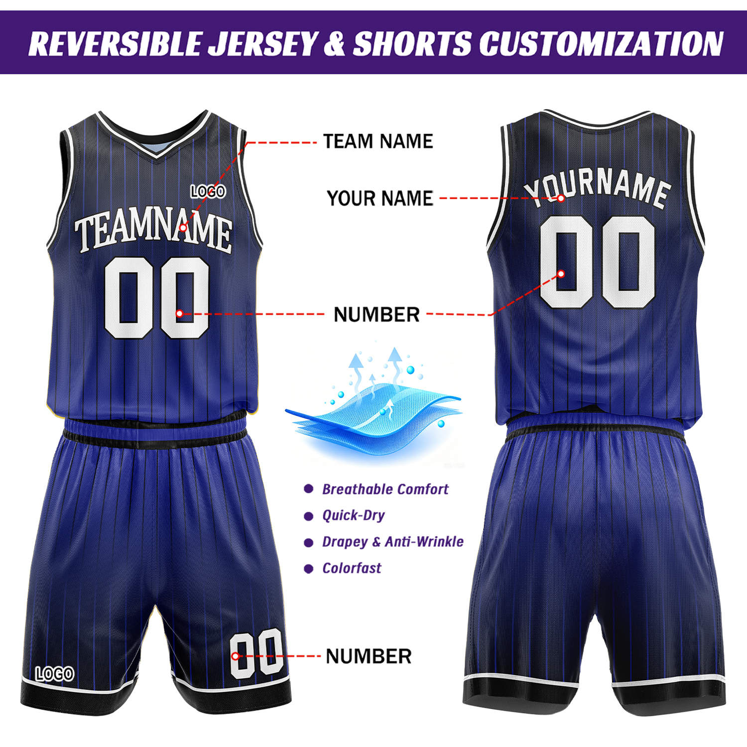 Custom Gradient Light Blue & Navy Pinstripe Reversible Basketball Jersey Shorts Set | Personalized Team Uniform