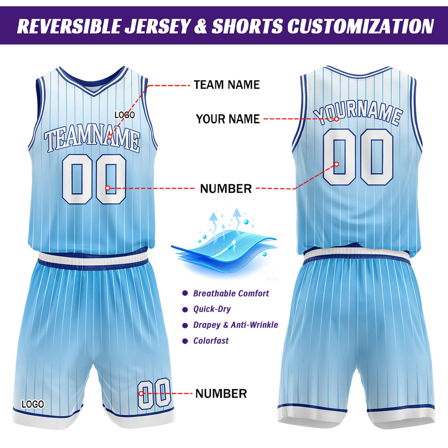 Custom Gradient Light Blue & White Pinstripe Reversible Basketball Jersey Shorts Set | Personalized Team Uniform