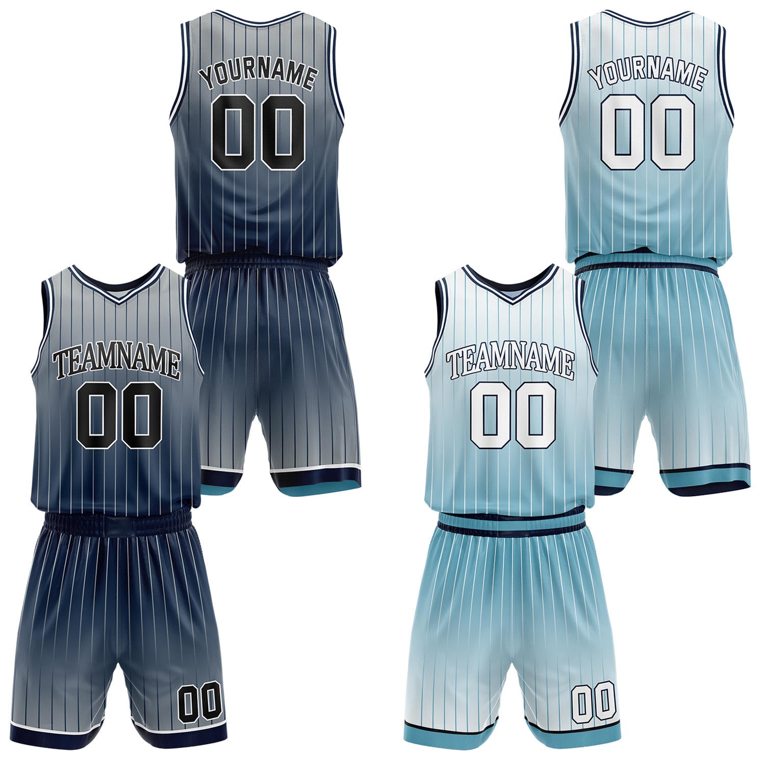 Custom gradient navy & light blue pinstripe reversible basketball jersey shorts set by Vosoli | Personalized team name number vintage uniform sportswear