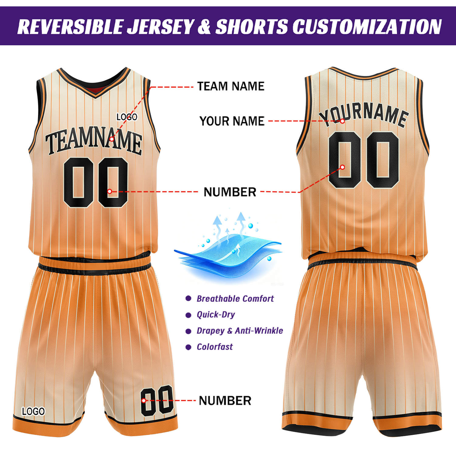 Custom Gradient Orange & Red Pinstripe Reversible Basketball Jersey Shorts Set | Personalized Team Uniform