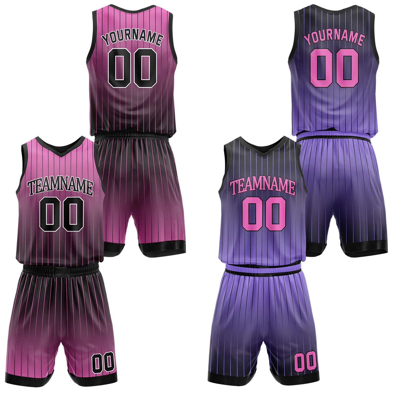 Custom gradient pink & purple pinstripe reversible basketball jersey shorts set by Vosoli | Personalized team name number vintage uniform sportswear