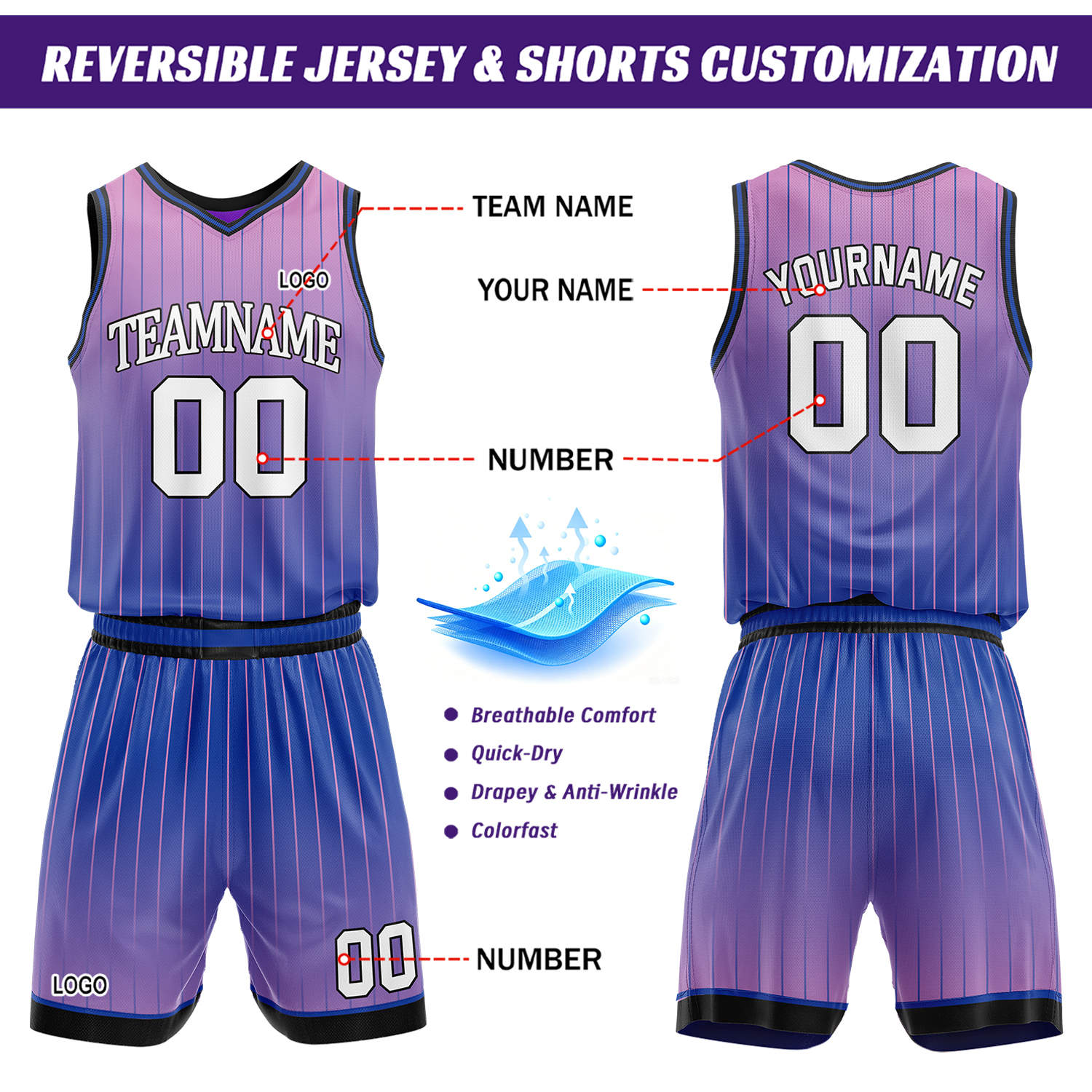 Custom Gradient Purple & Lilac Pinstripe Reversible Basketball Jersey Shorts Set | Personalized Team Uniform