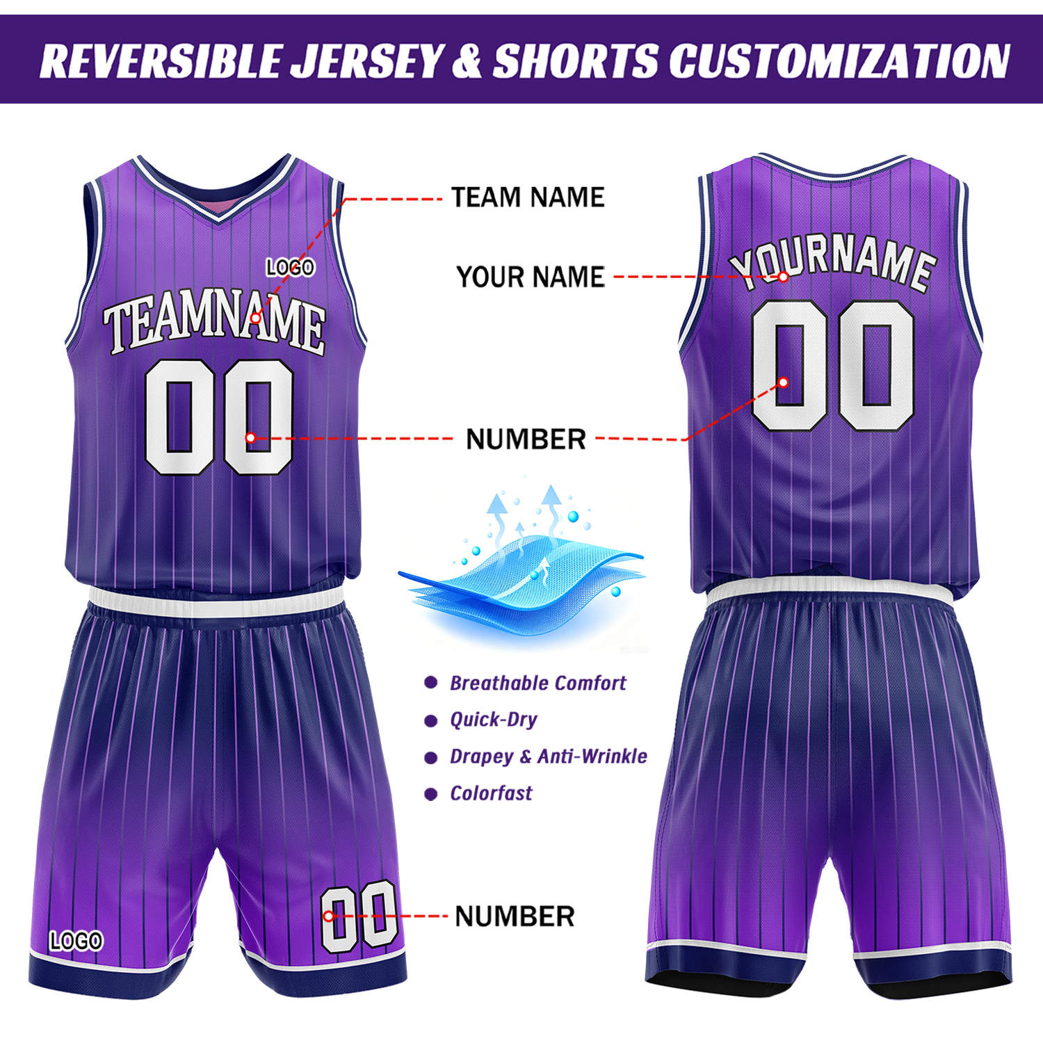 Custom Gradient Purple & Lilac Pinstripe Reversible Basketball Jersey Shorts Set | Personalized Team Uniform
