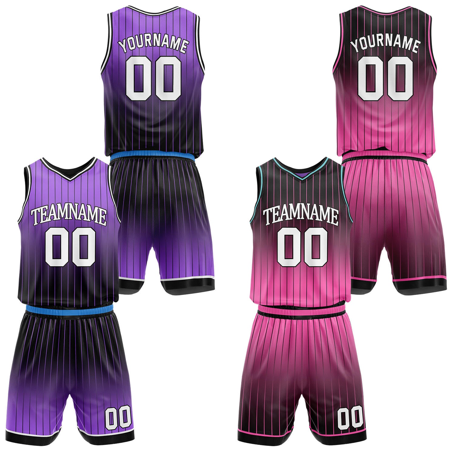 Custom gradient purple & pink pinstripe reversible basketball jersey shorts set by Vosoli | Personalized team name number vintage uniform sportswear