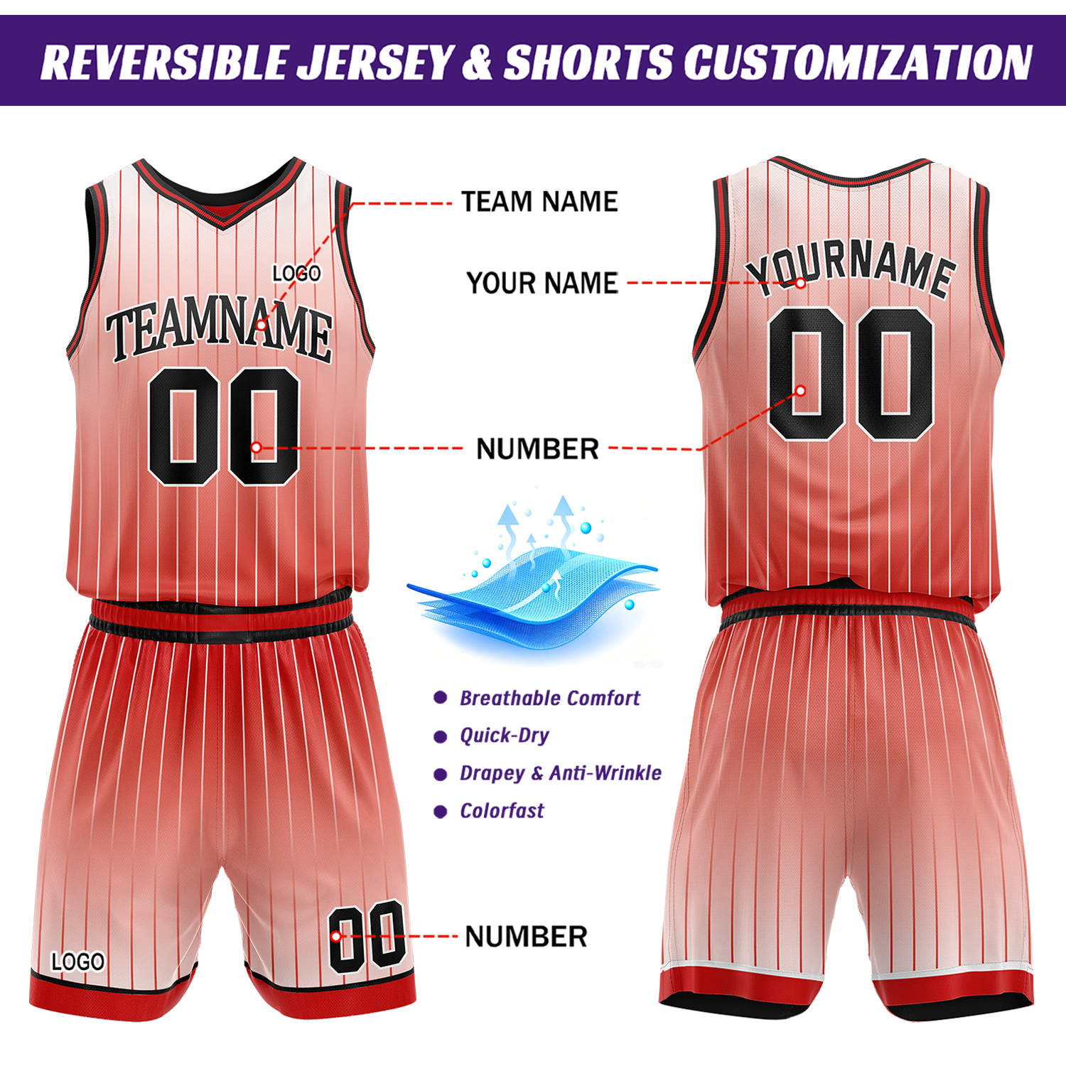 Custom Gradient Red & White Pinstripe Reversible Basketball Jersey Shorts Set | Personalized Team Uniform