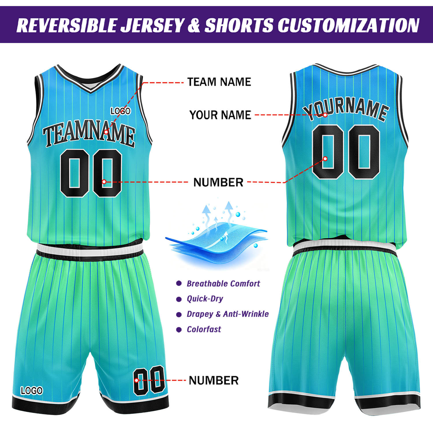 Custom Gradient Teal & Light Blue Pinstripe Reversible Basketball Jersey Shorts Set | Personalized Team Uniform