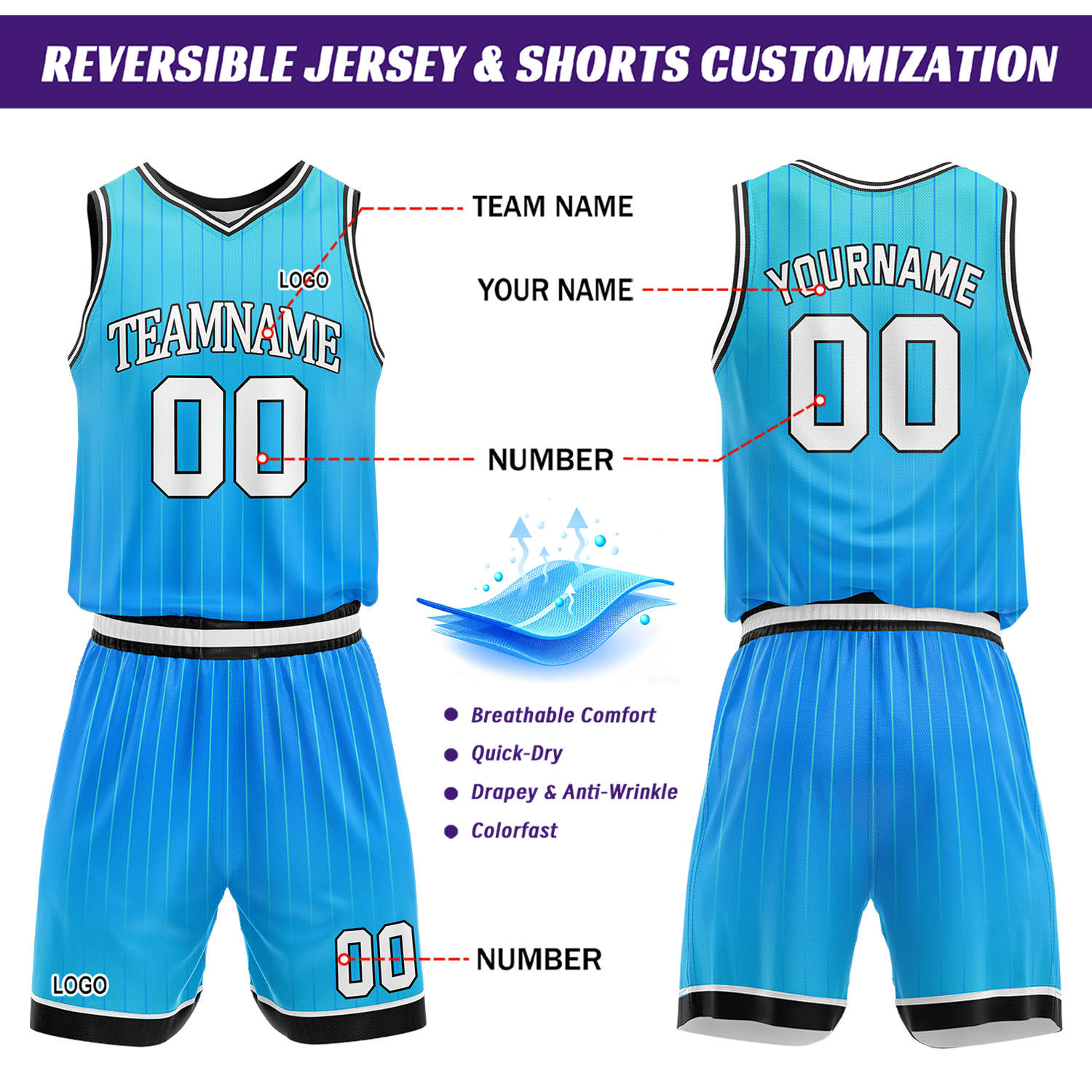 Custom Gradient Teal & Light Blue Pinstripe Reversible Basketball Jersey Shorts Set | Personalized Team Uniform