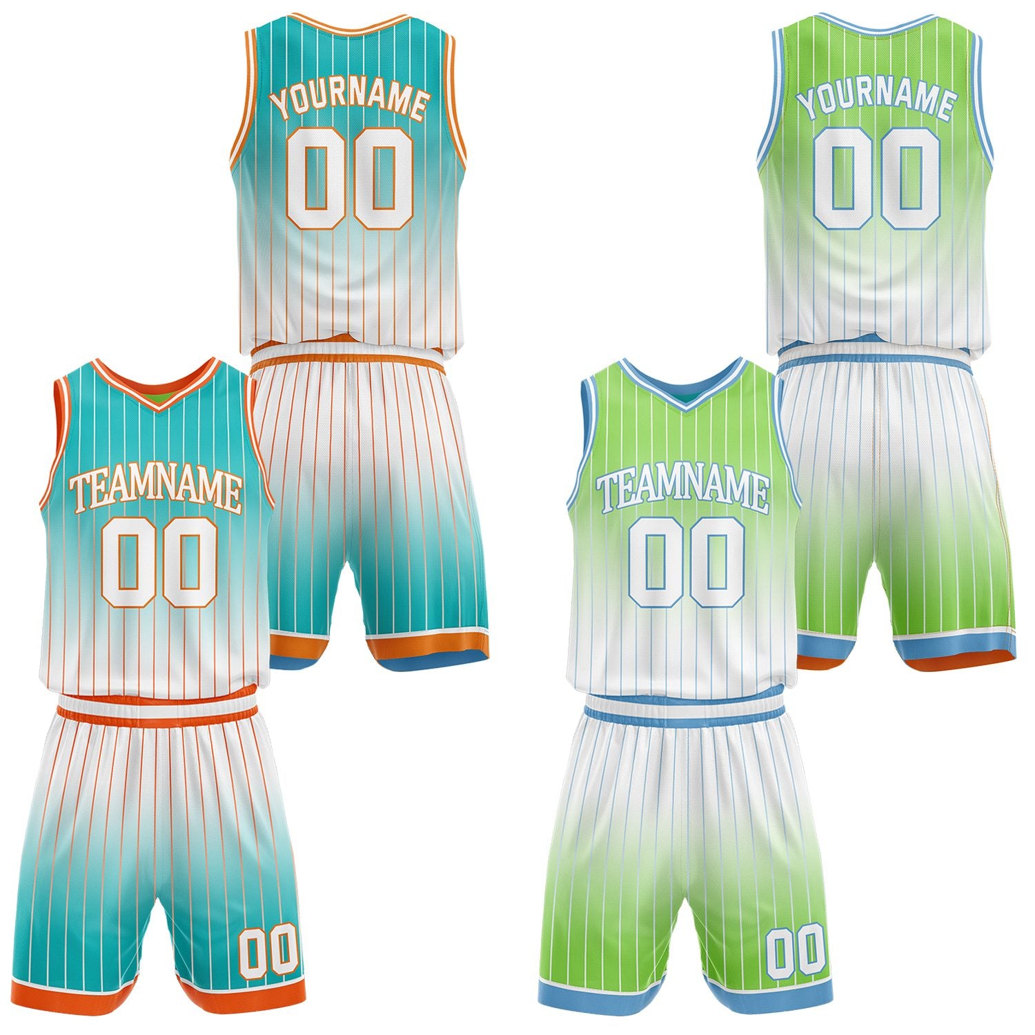 Custom gradient turquoise & green pinstripe reversible basketball jersey shorts set by Vosoli | Personalized team name number vintage uniform sportswear