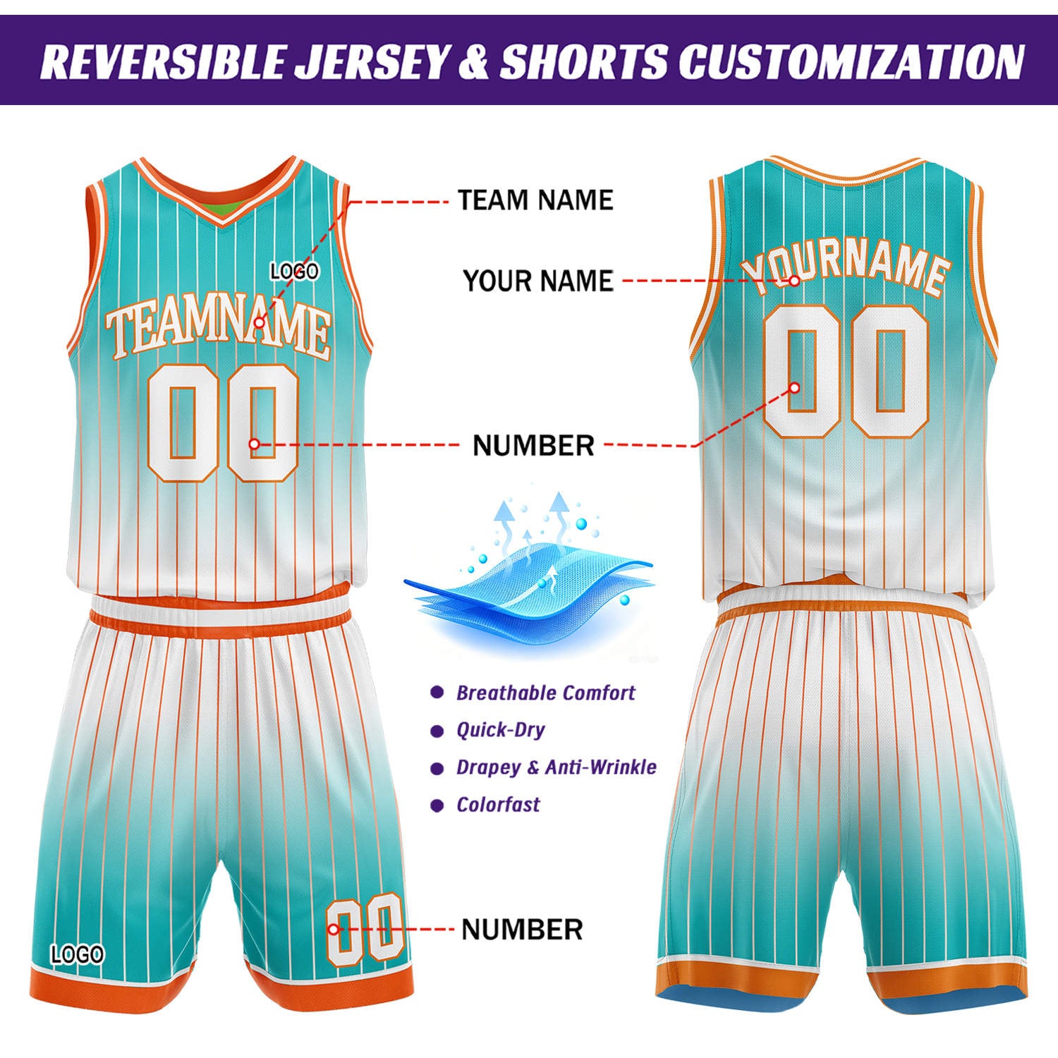 Custom Gradient Turquoise & Green Pinstripe Reversible Basketball Jersey Shorts Set | Personalized Team Uniform