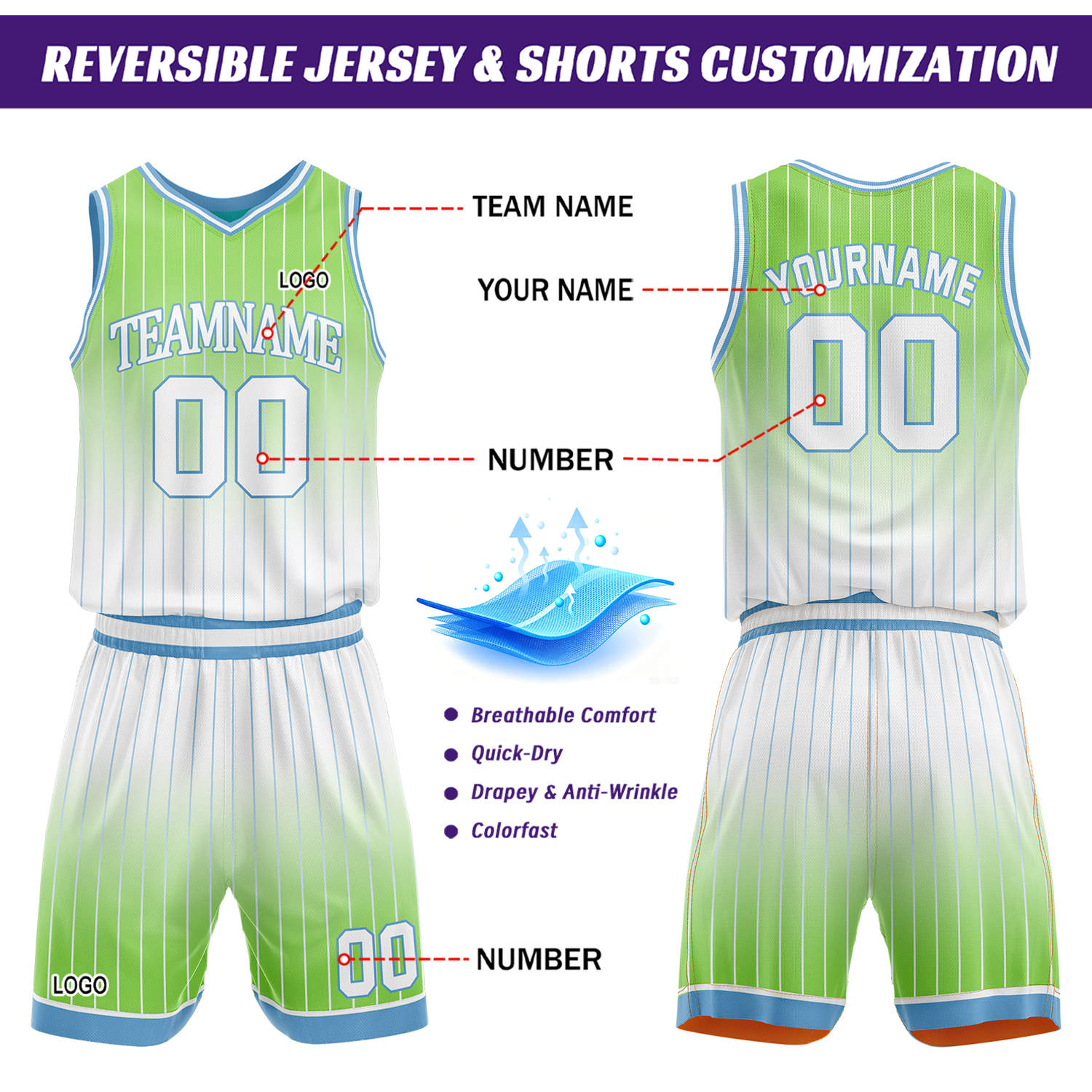 Custom Gradient Turquoise & Green Pinstripe Reversible Basketball Jersey Shorts Set | Personalized Team Uniform