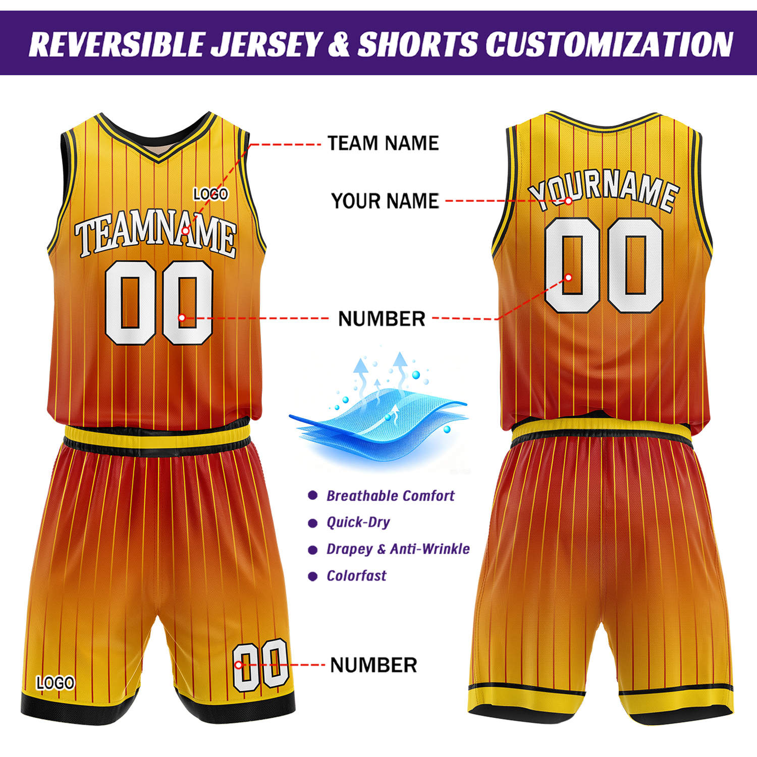 Custom Gradient Yellow & Orange Pinstripe Reversible Basketball Jersey Shorts Set | Personalized Team Uniform